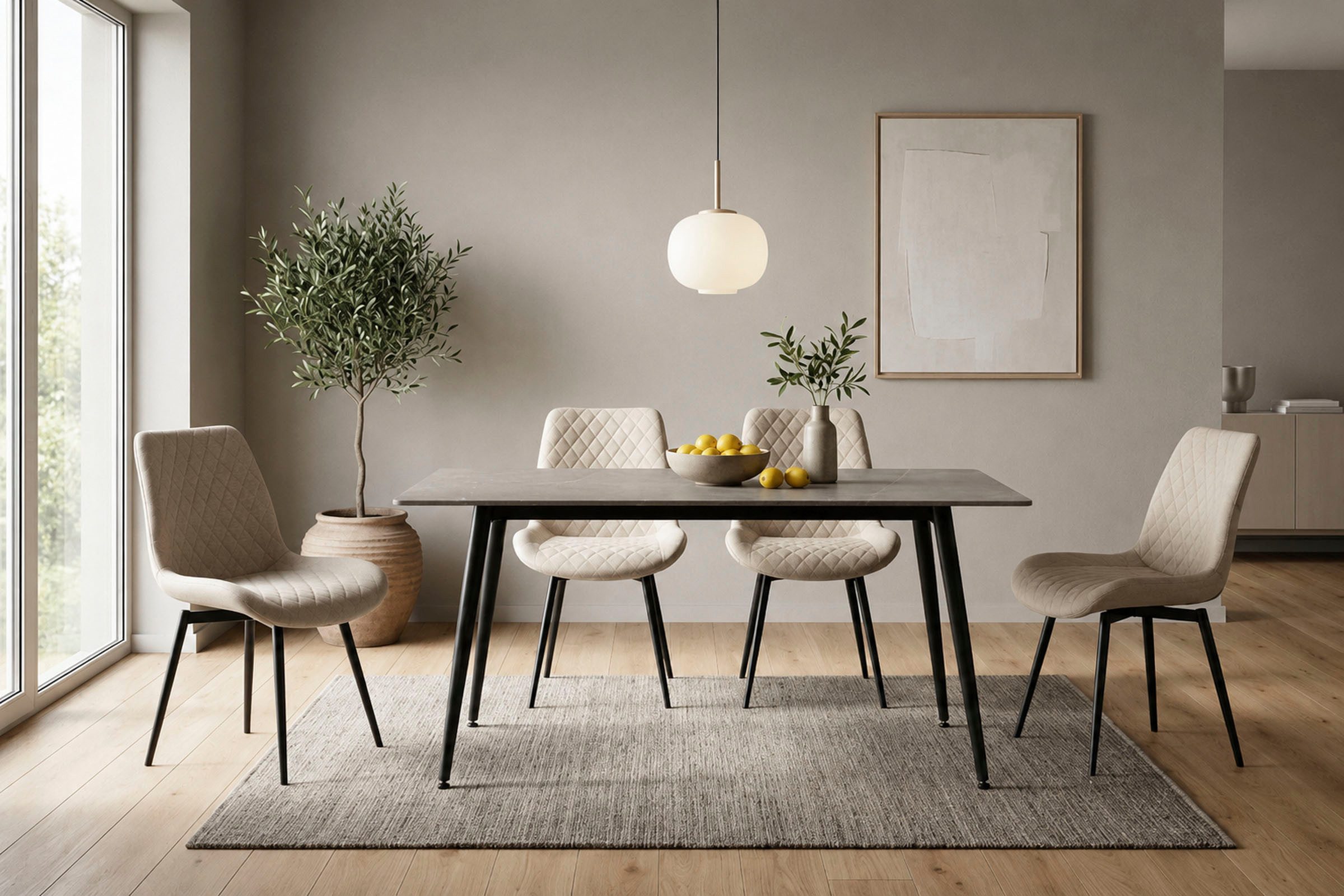 OTTO home Essgruppe Juniper, Set, 5-tlg., (Set, 5-tlg., 4 Stühle + 1 Esstisch), Tisch 140x80cm in Sinterstein-Keramikoptik mit 4 Stühlen, 360° drehbar