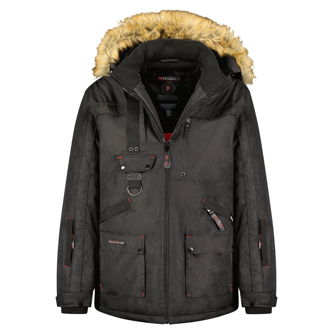 Geographical Norway Winterjacke Chirac mit abnehmbarer Kapuze, auch in Großen Größen enthältlich, mit Stehkragen, warme gefütterte Herren Parka Schwarz