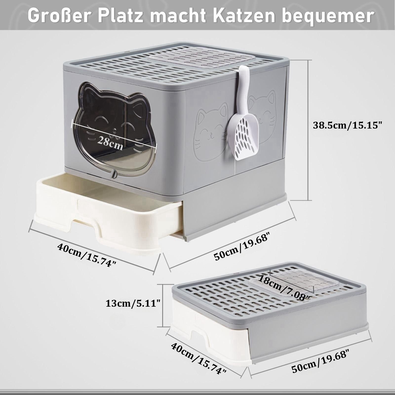 RAIKOU Katzentoilette Mit Geruchsschutz Schaufel und Schublade Robustes Abs-Material, Quadratisch, Spritzwassergesc