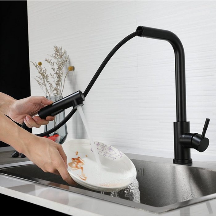 Aoucheni Küchenarmatur Wasserhahn Küche Schwarze 360° Drehbar Küchenarmatur Ausziehbar