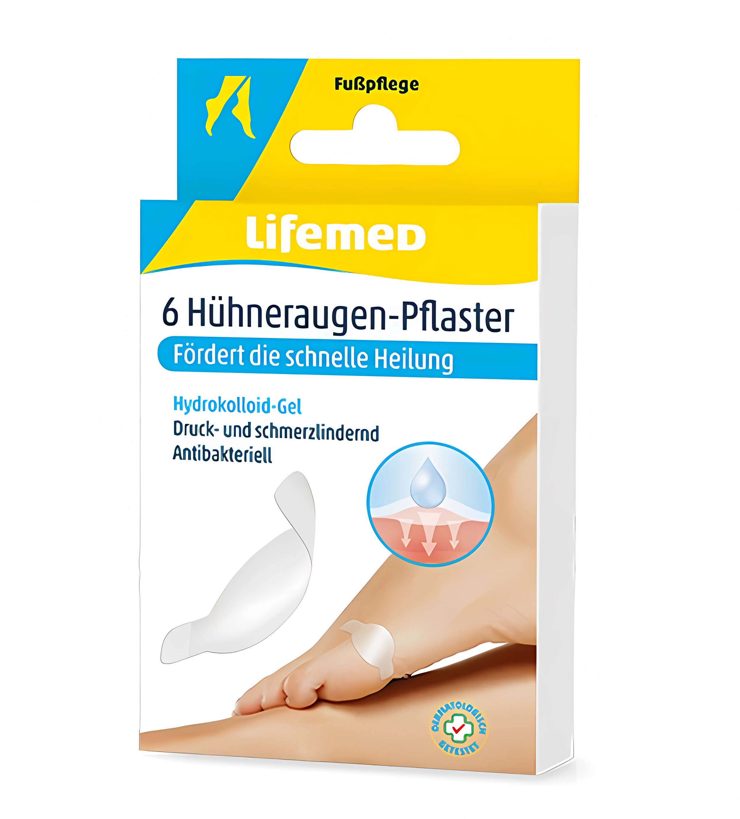 LifeMed Hühneraugenpflaster 6x HÜHNERAUGEN PFLASTER 45x22mm mit Hydrokolloid-Gel 86, Hühneraugenkissen Blasenpflaster Druckpflaster