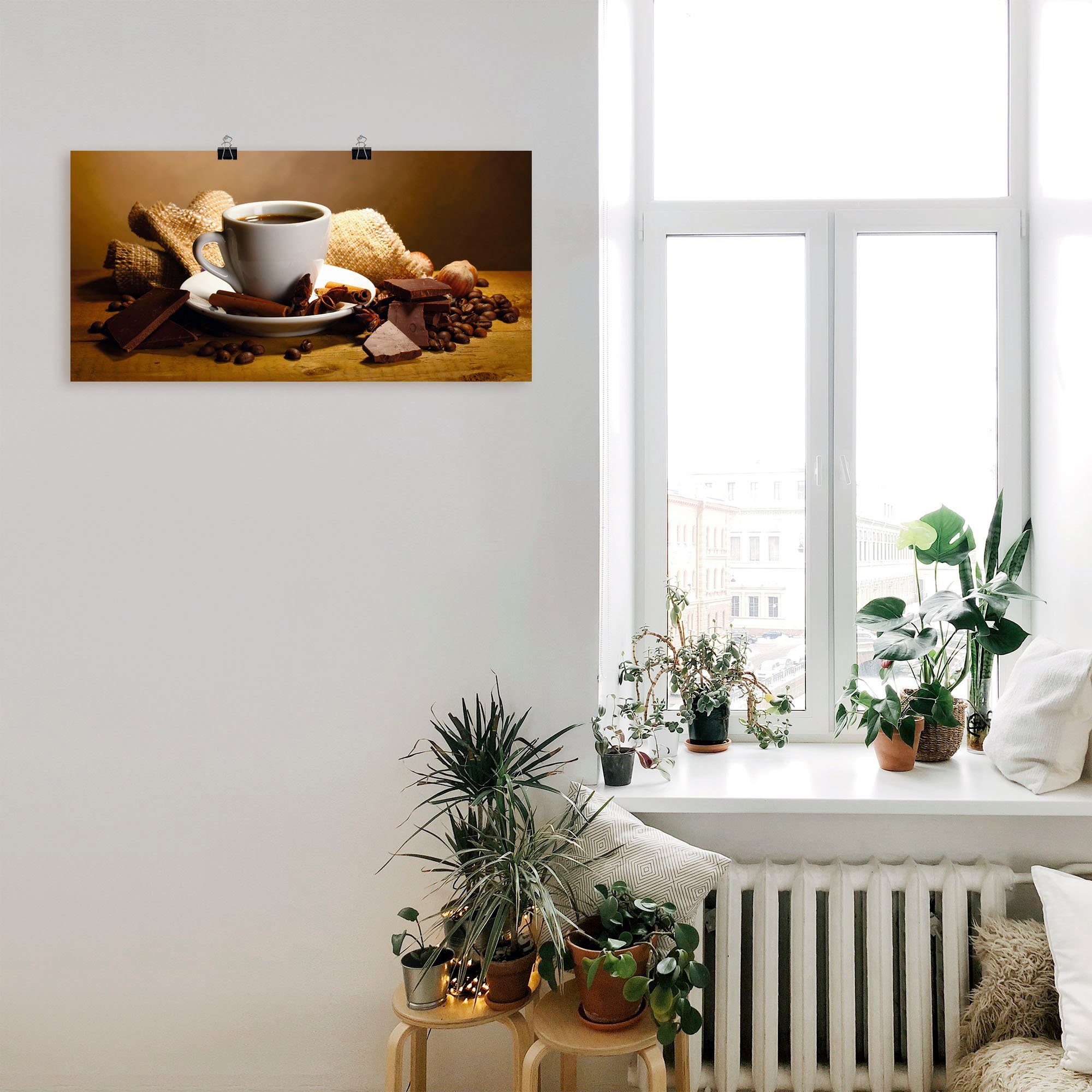 Größen Alubild, versch. Artland als Leinwandbild, Schokolade, in Wandbild Getränke Kaffeetasse (1 oder Nüsse Wandaufkleber St), Poster Zimtstange