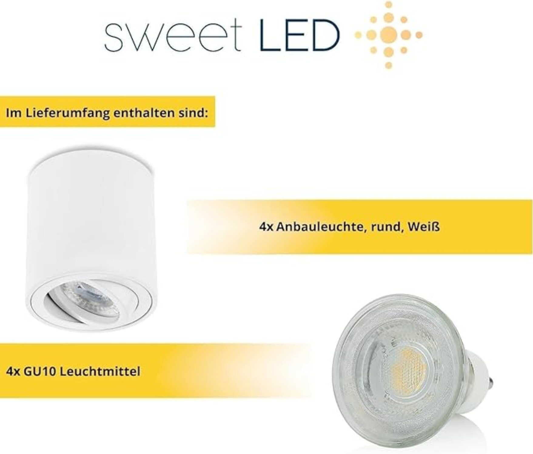 Sweet LED LED Aufbaustrahler Aufbauspot GU10 Alu Deckenspots weiß 80x84mm 7W warmweiß 230V 4er, LED wechselbar, Warmweiß, LED Deckenlampe, Deckenspot, Deckenstr – Bild 5 von 5