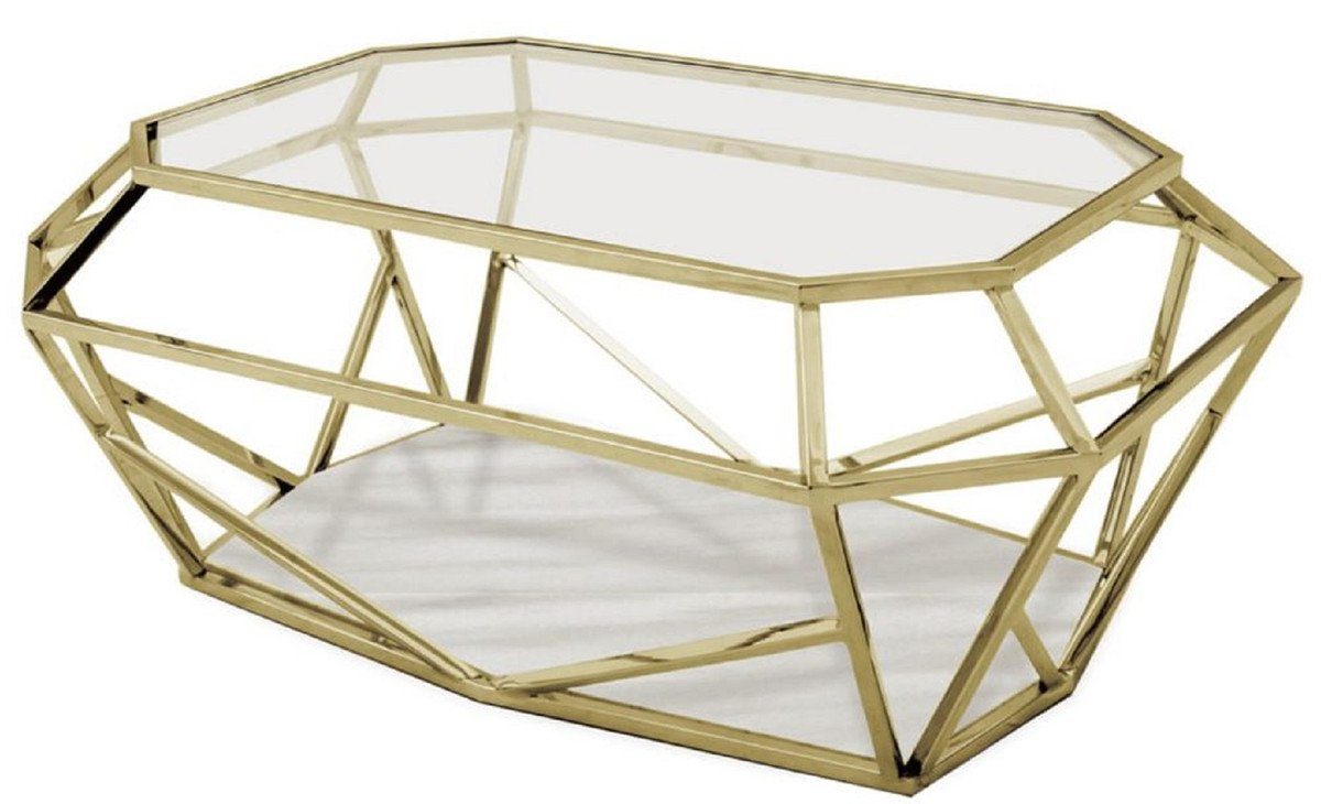 Casa Padrino Couchtisch Luxus Couchtisch Gold / Weiß 100 x 70 x H. 41 cm - Moderner Wohnzimmertisch mit Glas & Marmorplatte - Möbel