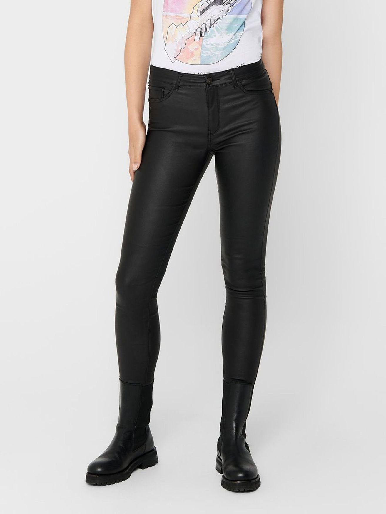 JDY Skinny Jeans Optik 3358 High Leder Denim Pants Stretch (1-tlg) Schwarz de Coated Waist YONG in Lederimitathose JACQUELINE