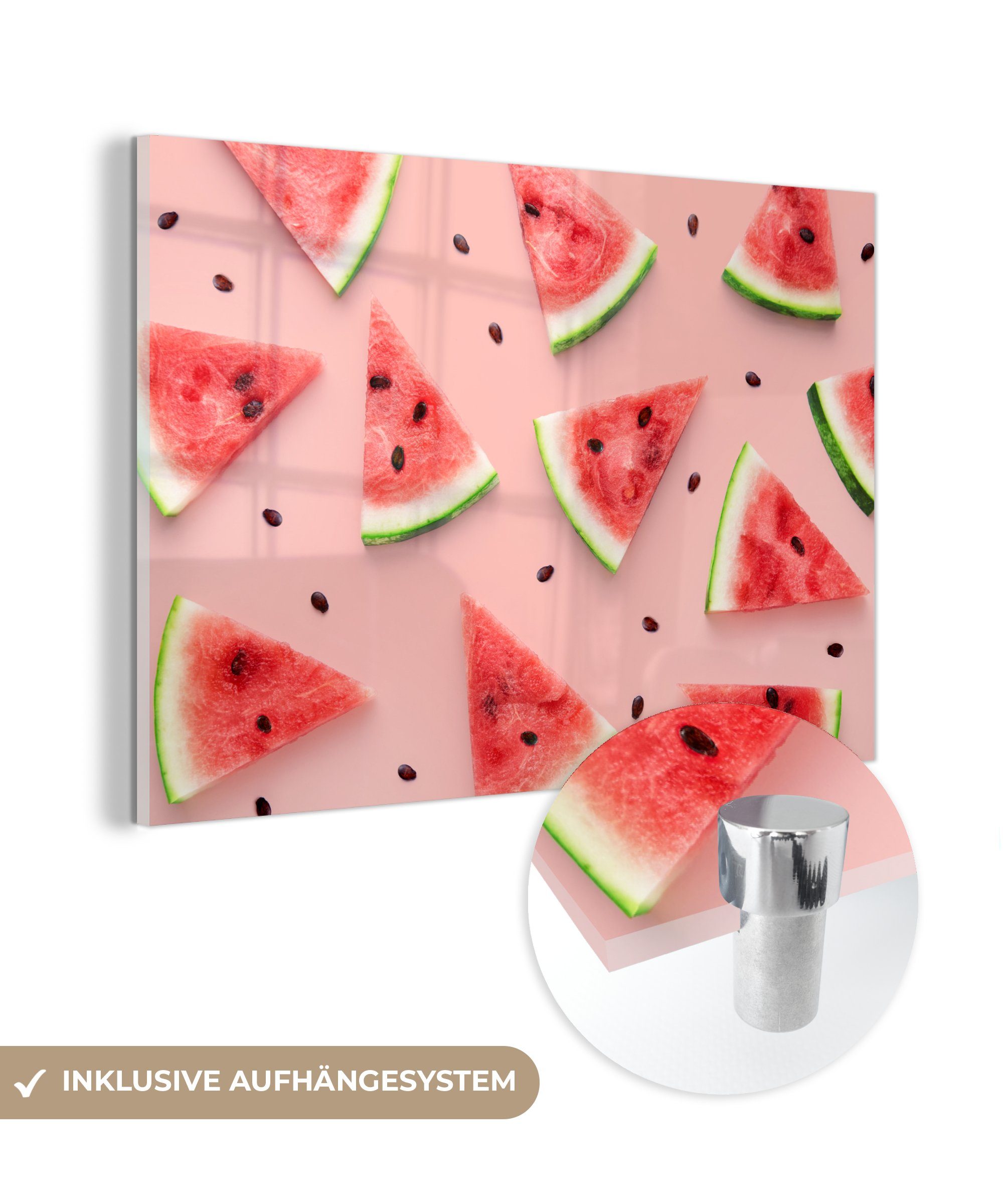 Schlafzimmer Acrylglasbilder - MuchoWow Acrylglasbild Sommer Rosa & Wohnzimmer Wassermelone (1 St), - Muster, -