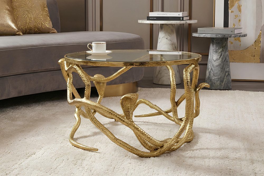 riess-ambiente Couchtisch SNAKE 70cm gold - Metall, Glasplatte, Schlangen, Cobra, Skulptur, rund (Einzelartikel, 1-St), Ausgefallener Beistelltisch - ideal für moderne & stylische Wohnräume