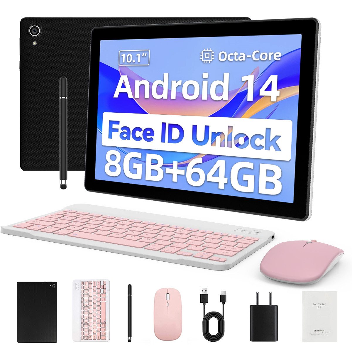 BUFO 10 Zoll HD, 3 GB RAM, 64 GB Erweiterbar auf 1 TB, Android 14 Tablet (10", 64 GB, Android, 2,4G/5G WiFi, Dual-Kamera, HD 1280x800, mit Tastatur, Maus und Stift)