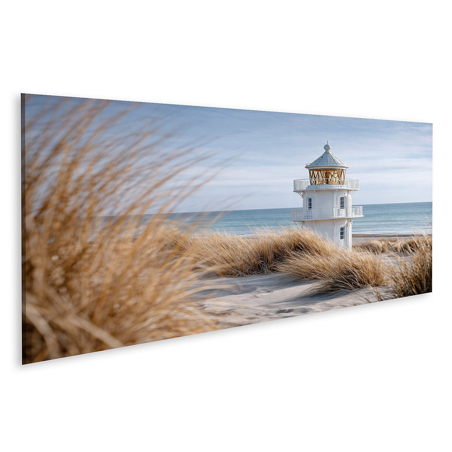 islandburner Leinwandbild Weißer Leuchtturm am Strand mit Sanddünen und Meer - Panorama