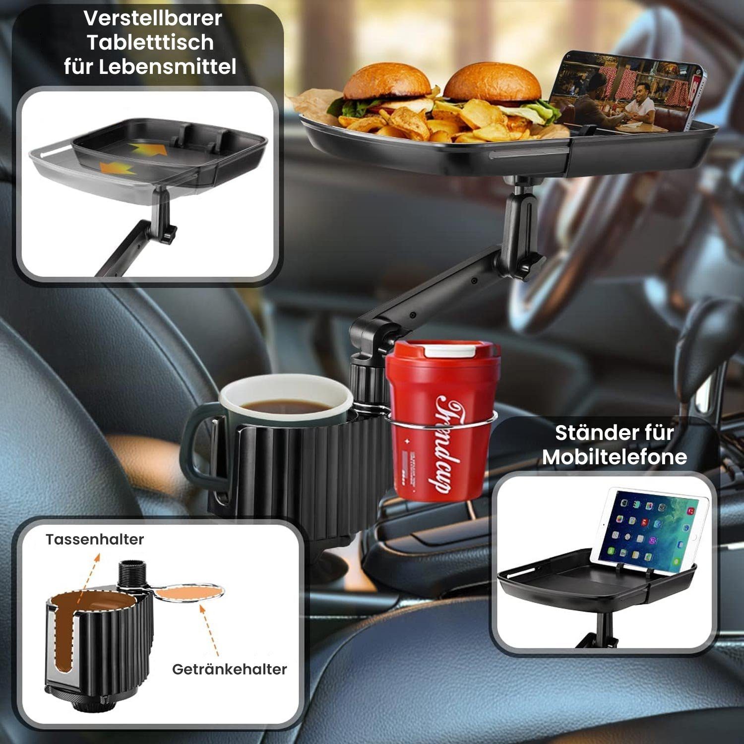 Auto Multifunktionstisch, Halterung für Auto-Becherhalter mit Tablett und  Handy-Halterung, Universell Auto Tisch Getränkehalter, Verstellbarer  Autohalterung für Wasserflaschen Getränk Snack Pommes : : Auto &  Motorrad