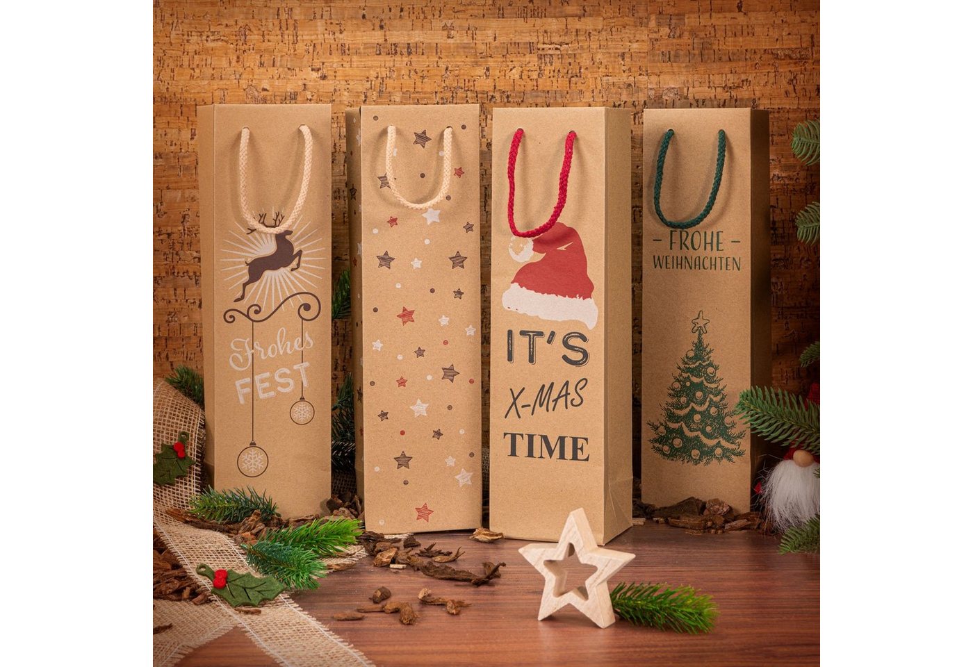 Thumbnail - KK Verpackungen Geschenkbox (20 St), Tragetasche 1 Flasche 100x85x360 mm Kraftpapier Weihnachten Natur