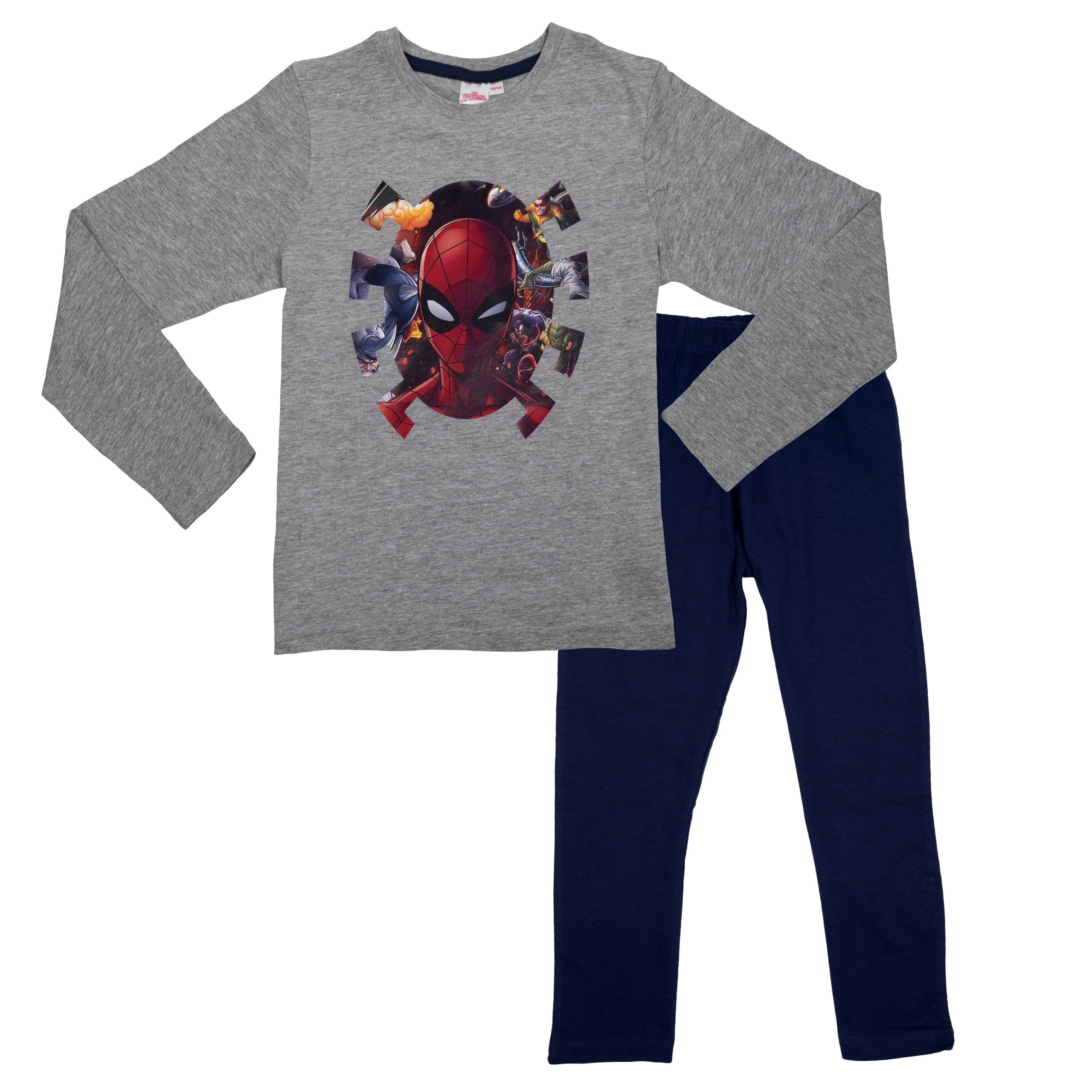 United Labels® Schlafanzug Marvel für Jungen Grau/Blau Spiderman Langarm Schlafanzug