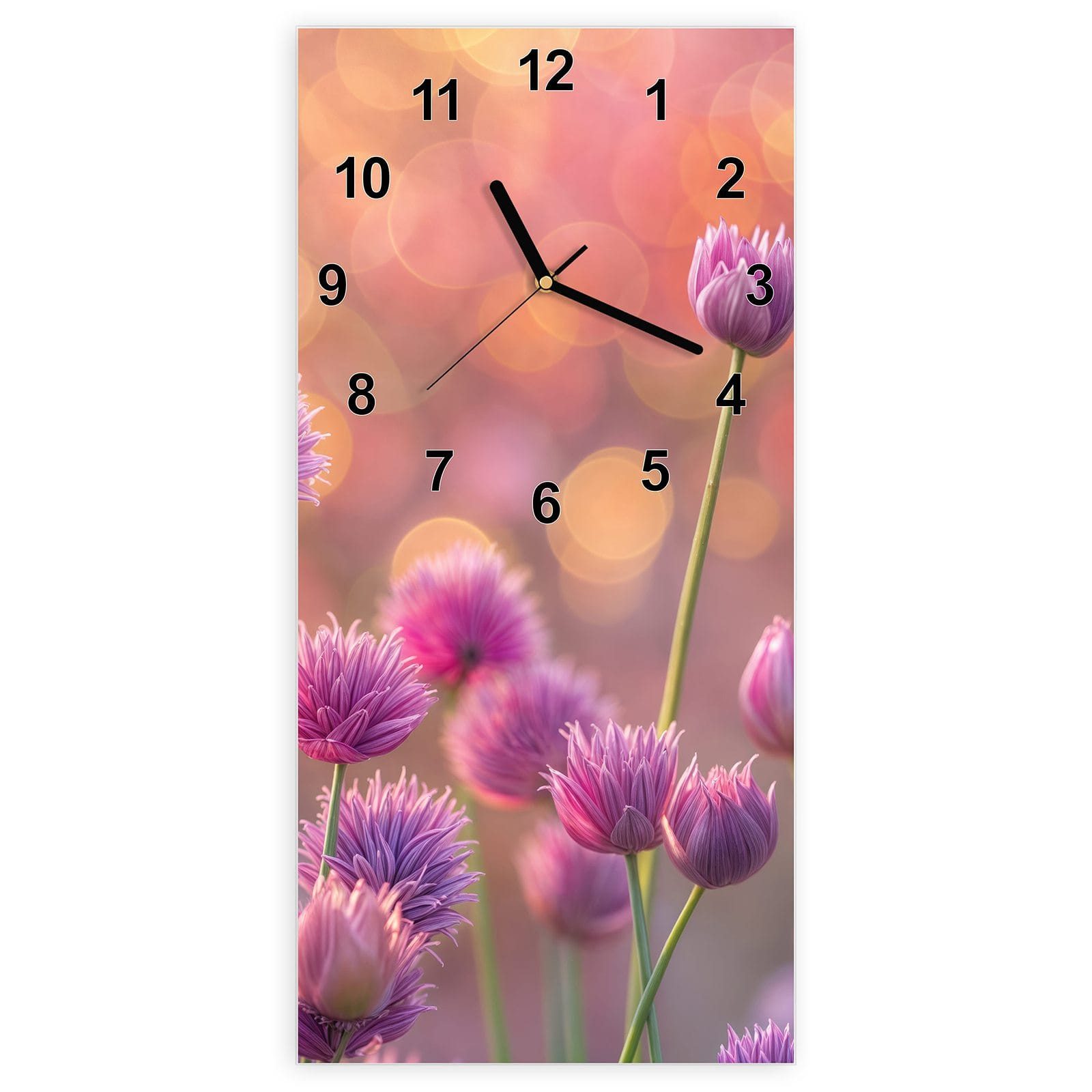 Wanduhr Glasuhr Wandkunst Größe 30 x 60 cm mit Motiv Blühende Zierlauch