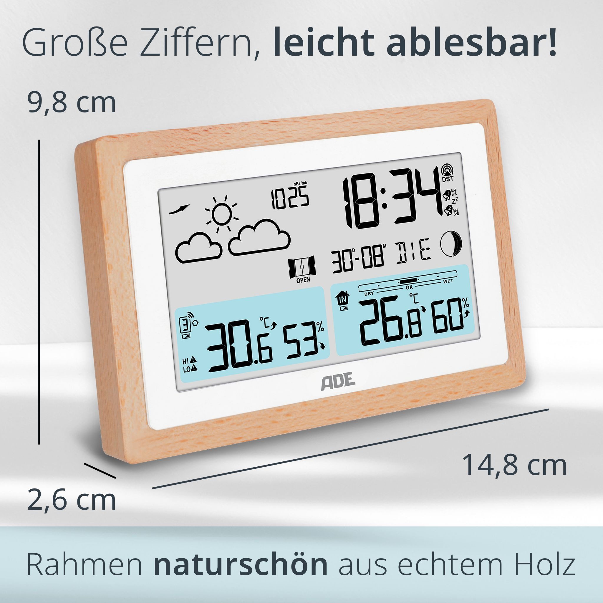 ADE Wetterstation mit Außensensor und Netzteil Funkwetterstation (Außensensor, Netzkabel, Wettervorhersage, Funkwecker, Kalender, Lüftungsempfehlung)