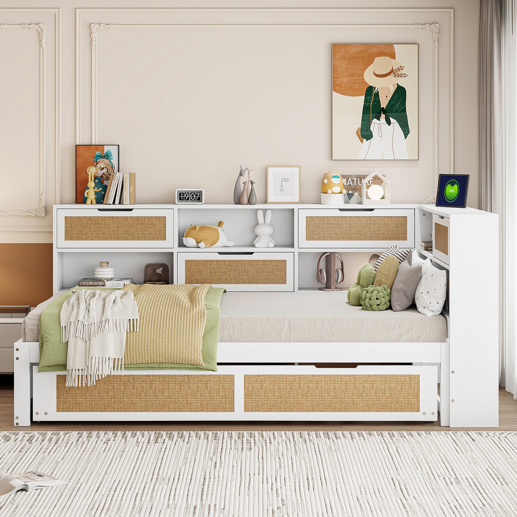 Odikalo Ausziehbett Kinderbett Daybett Schlafsofa Unterbett Staufächern USB-Lade 90x200cm
