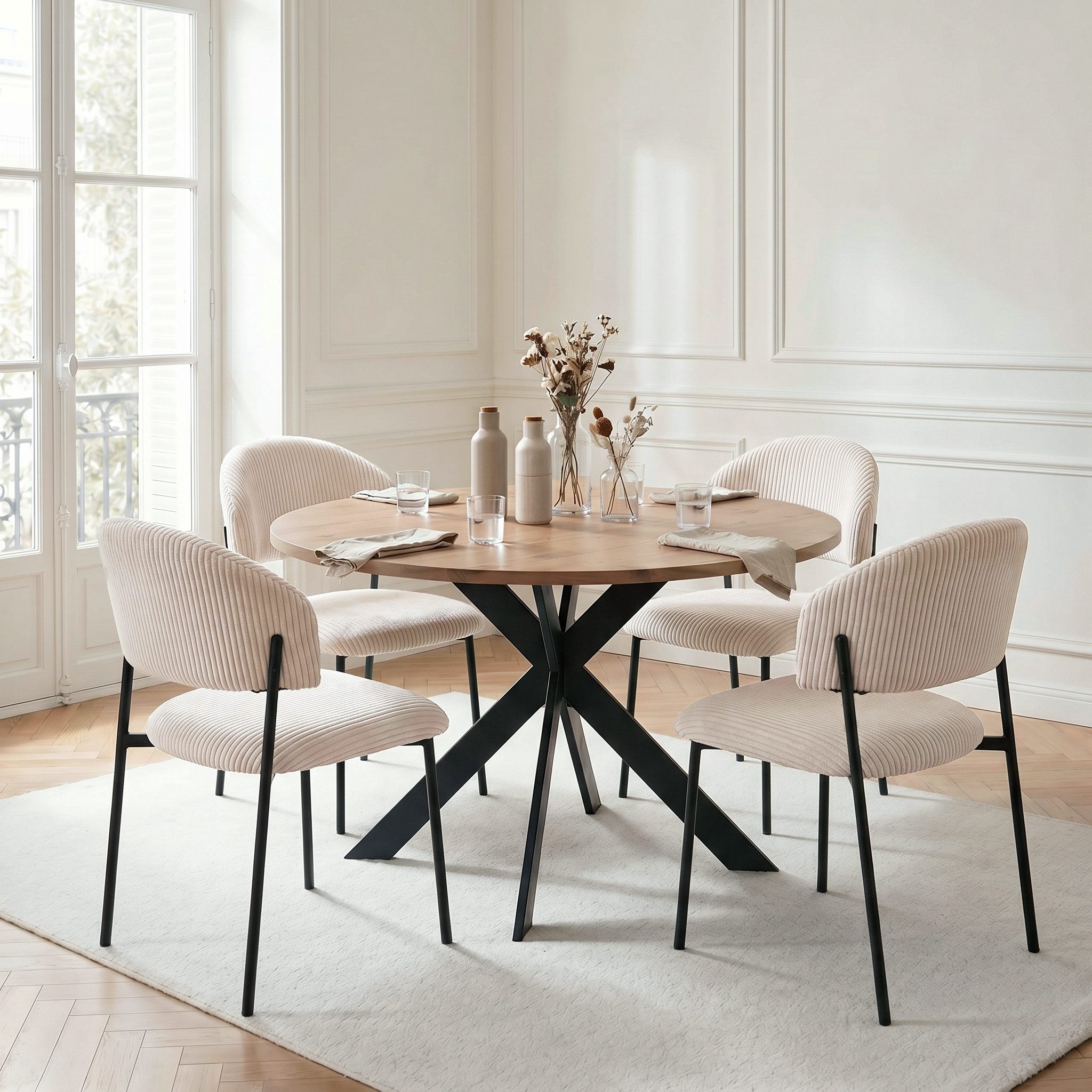 Essgruppe Tisch- und Stuhlset, Runder Esstisch (115×75 cm) mit 4 Stühlen