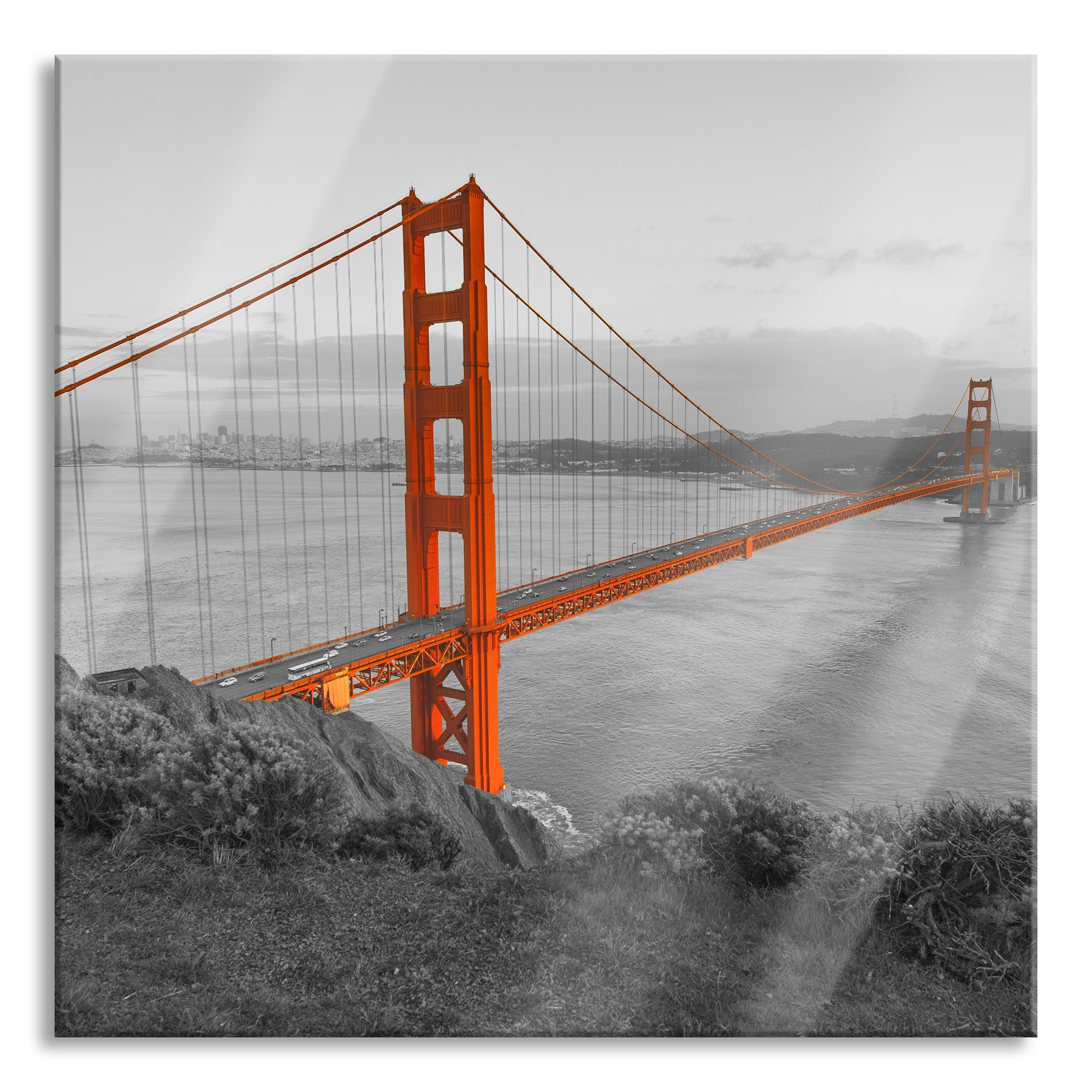 Golden San aus Echtglas, und Abstandshalter inkl. Glasbild Bridge Golden Bridge Gate (1 Glasbild San St), Gate Pixxprint Aufhängungen Francisco, Francisco