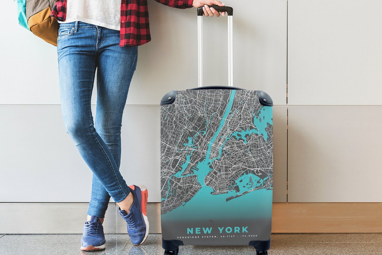 MuchoWow Handgepäckkoffer New York Karte, Reisekoffer rollen, Stadtplan 4 Reisetasche Handgepäck mit - - für Blau Trolley, Ferien, Rollen, 