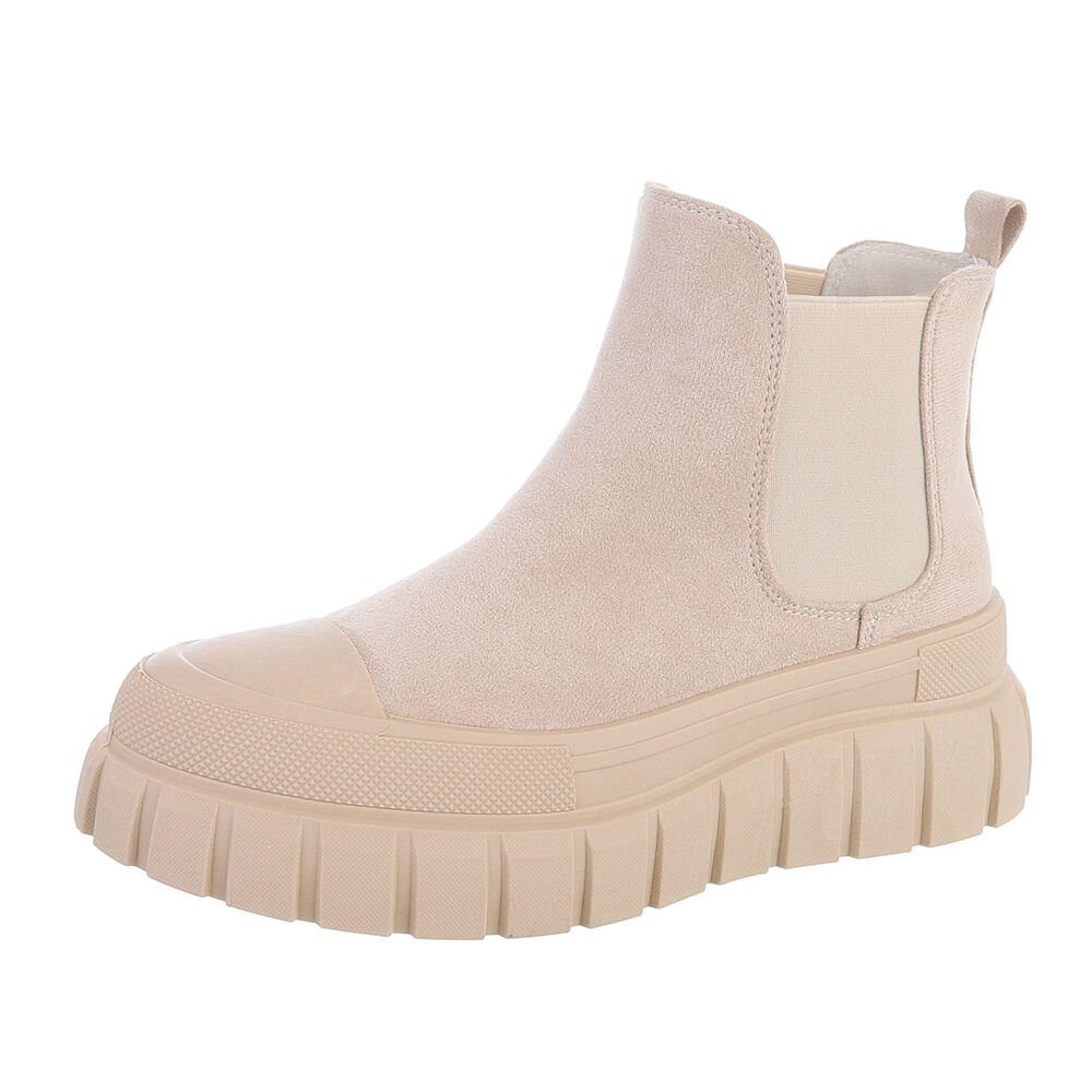 Ital-Design Damen Chelsea Freizeit Plateaustiefelette Keilabsatz/Wedge Chelsea Boots in Beige