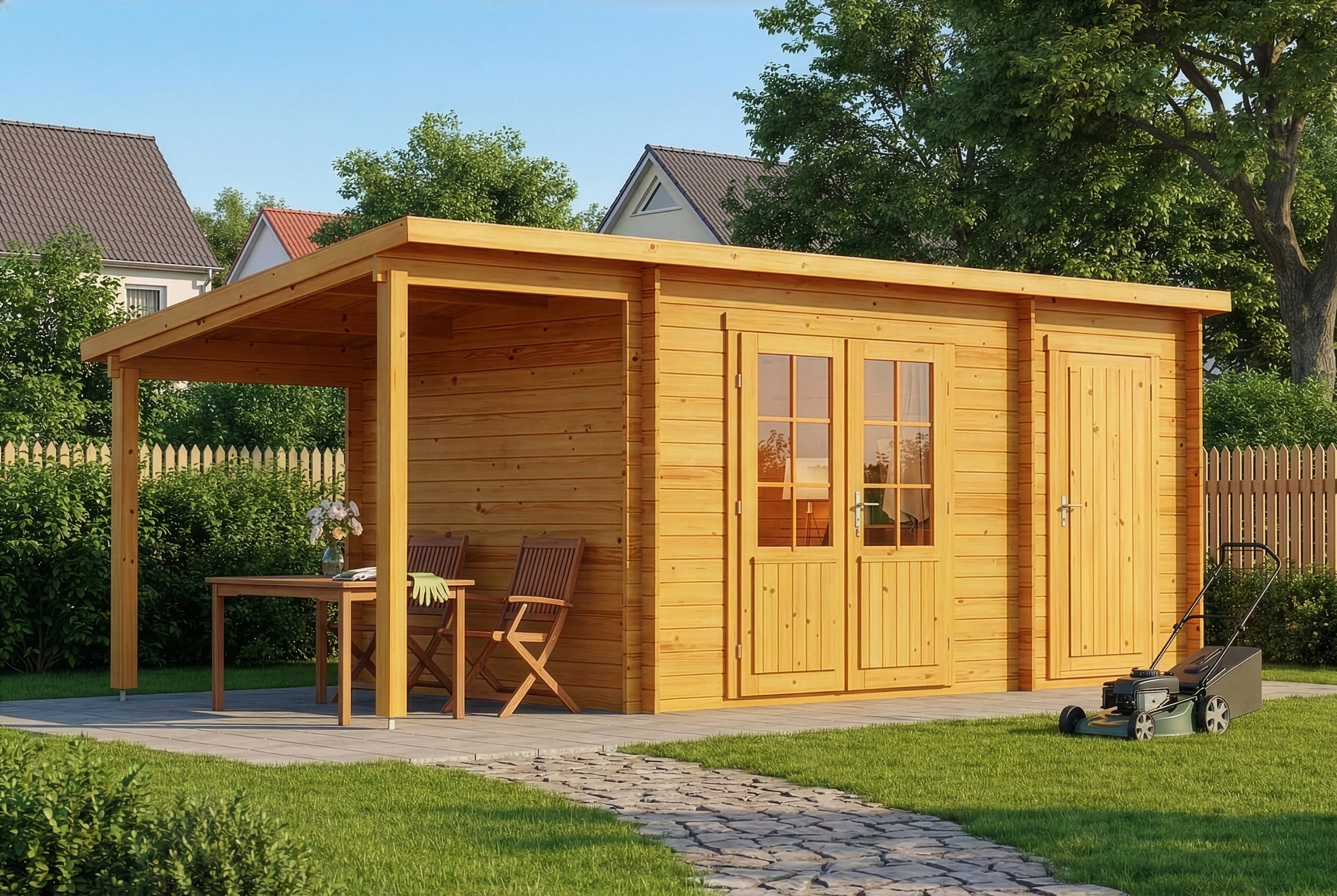 Alpholz Gartenhaus Holz Maria mit Anbau & Schleppdach, BxT: 598x272 cm, in Imprägniert (Pinie) mit 28mm Wandstärke