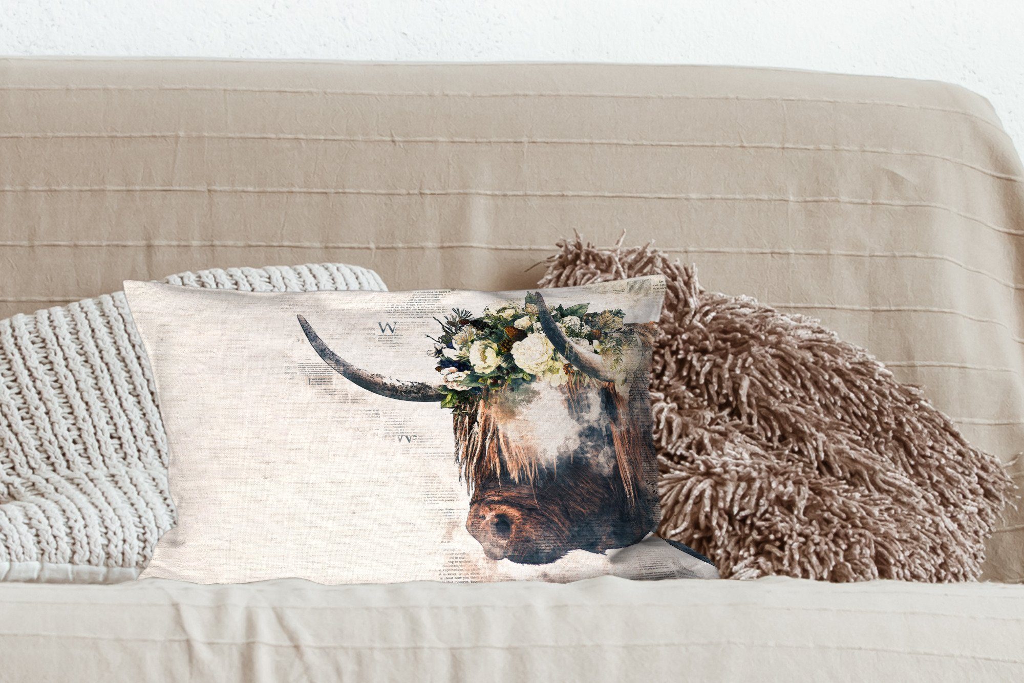 - Dekokissen Schottische Schlafzimmer Dekoration, mit MuchoWow Highlander Dekokissen Wohzimmer Zierkissen, Kühe - Füllung, Blumen,