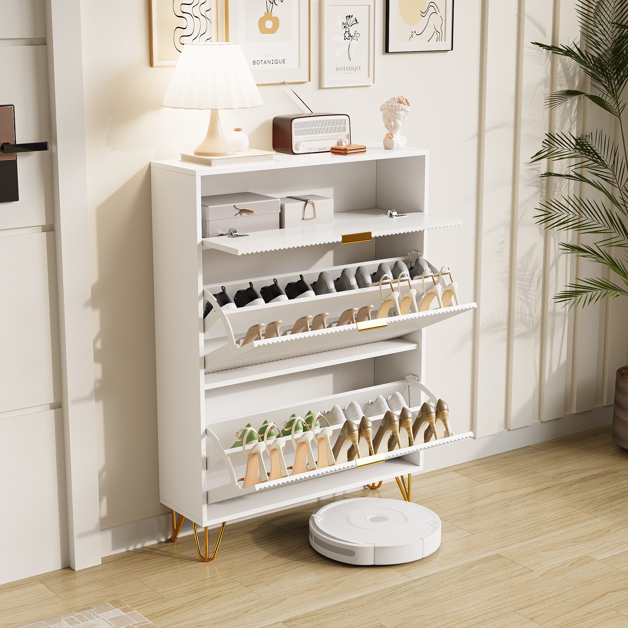 NMCXXO Schuhschrank Schuhregal weiß mit goldenen Akzenten, 3 Fächer günstig online kaufen