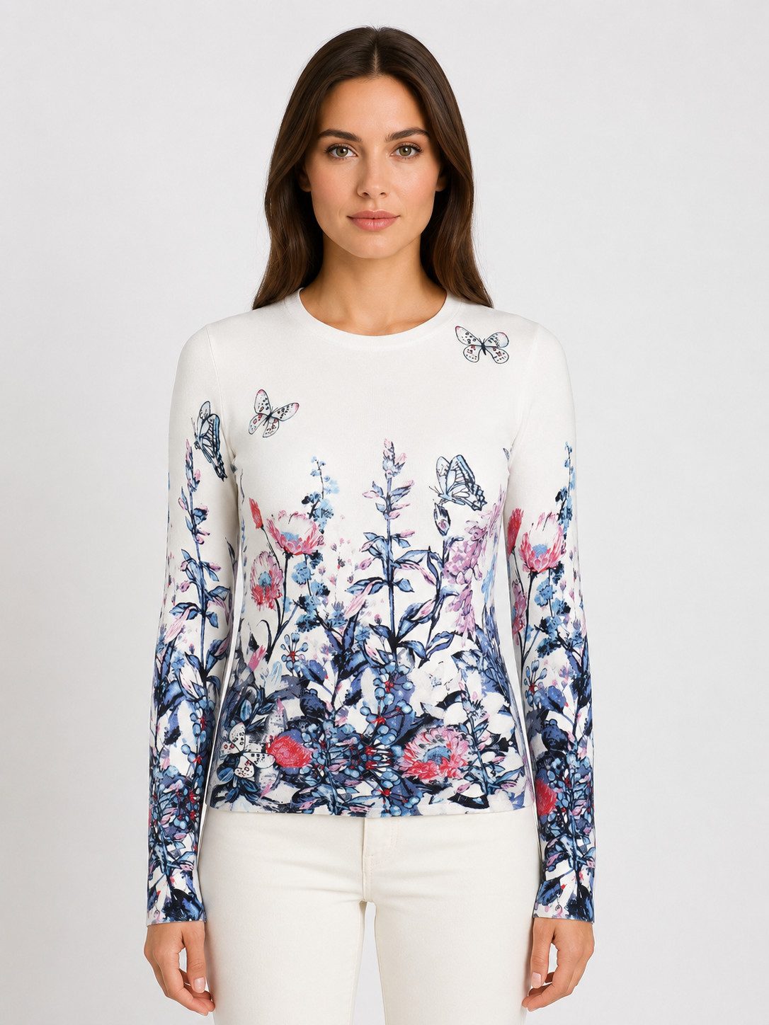 Passioni Strickpullover in weiß mit Blumen und Schmetterlingsmuster
