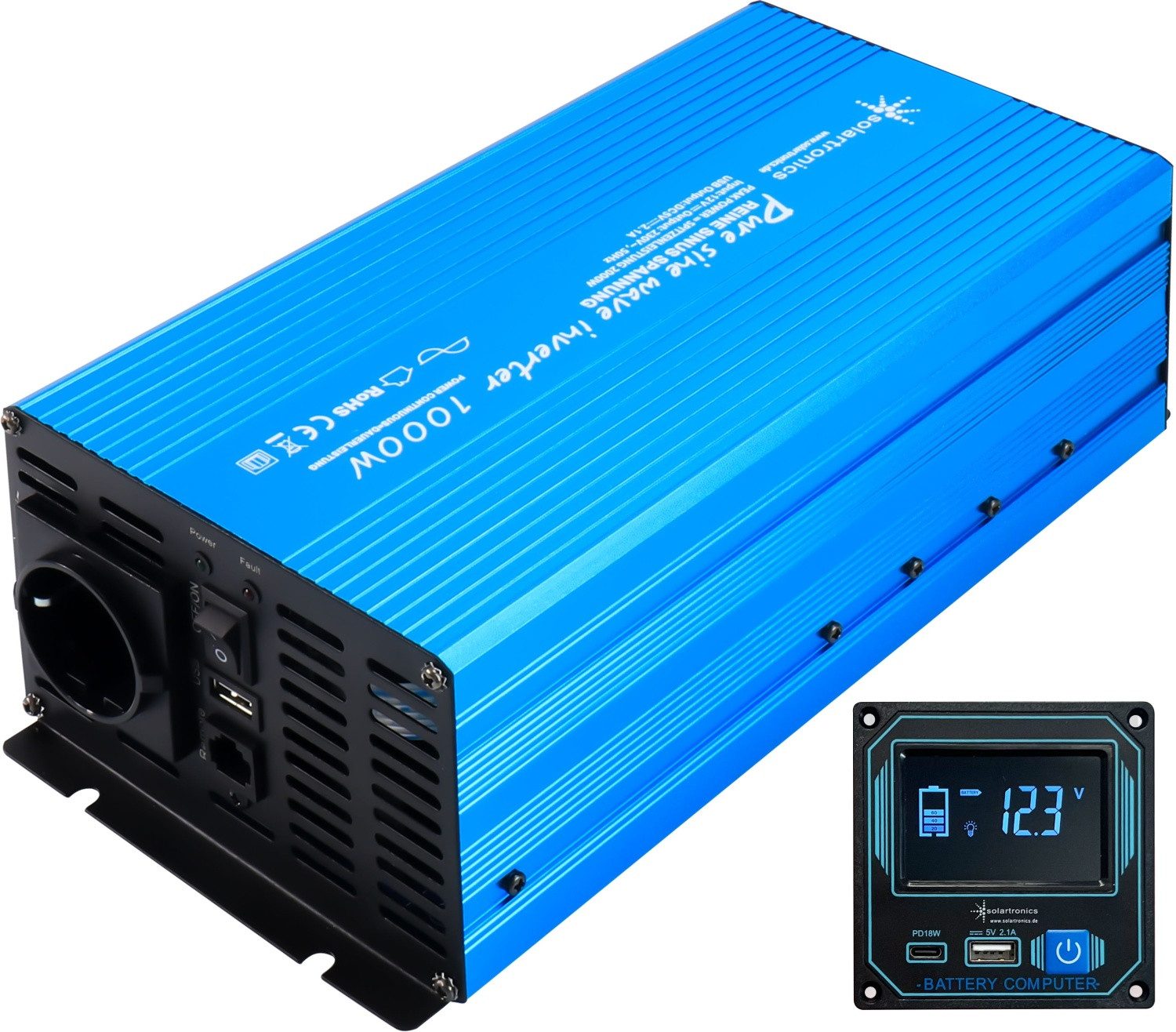 solartronics Wechselrichter Reiner Sinus Wechselrichter 1000W mit Kabel-Display-Fernbedienung