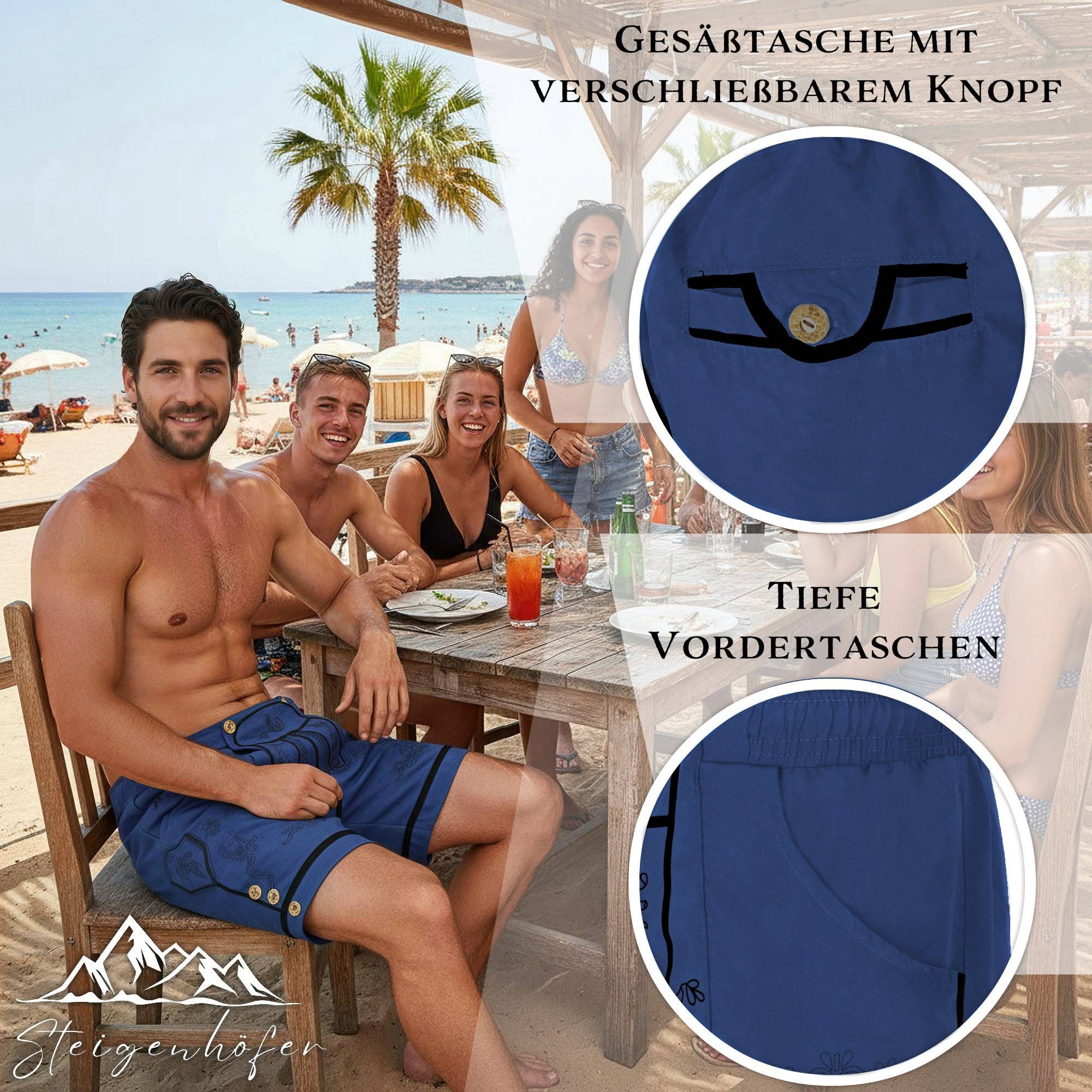 Steigenhöfer Manufaktur Trachtenhose Badehose Herren - Xaver - Lederhosen Look - Trachten Badehose Bequem mit Netzinnenhose - Umklappbarer Latz - Badeshorts mit Taschen
