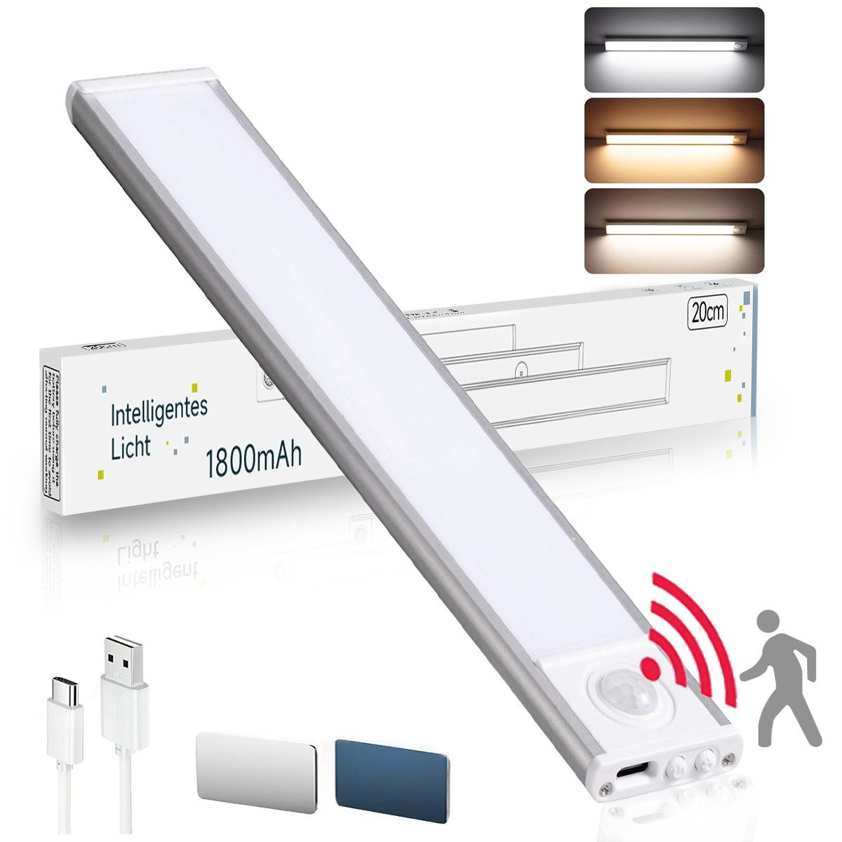 FOSMET LED Unterbauleuchte Led Unterbauleuchte Küche 1800mAh Dimmbar Schrankbeleuchtung 20&30 cm, 3500K, 4500K, 6500K, Farbmodi, Hell USB Aufladbar Lichtleiste, Dimmbar Nachtlicht für Treppenbeleuchtung und Kueche, Warmweiß (3500 K), Neutralweiß (4500 K), Kaltweiß (6500 K), Dimmbar Nachtlicht für Treppenbeleuchtung und Kueche, 1800 mah Wiederaufladbarer Akku