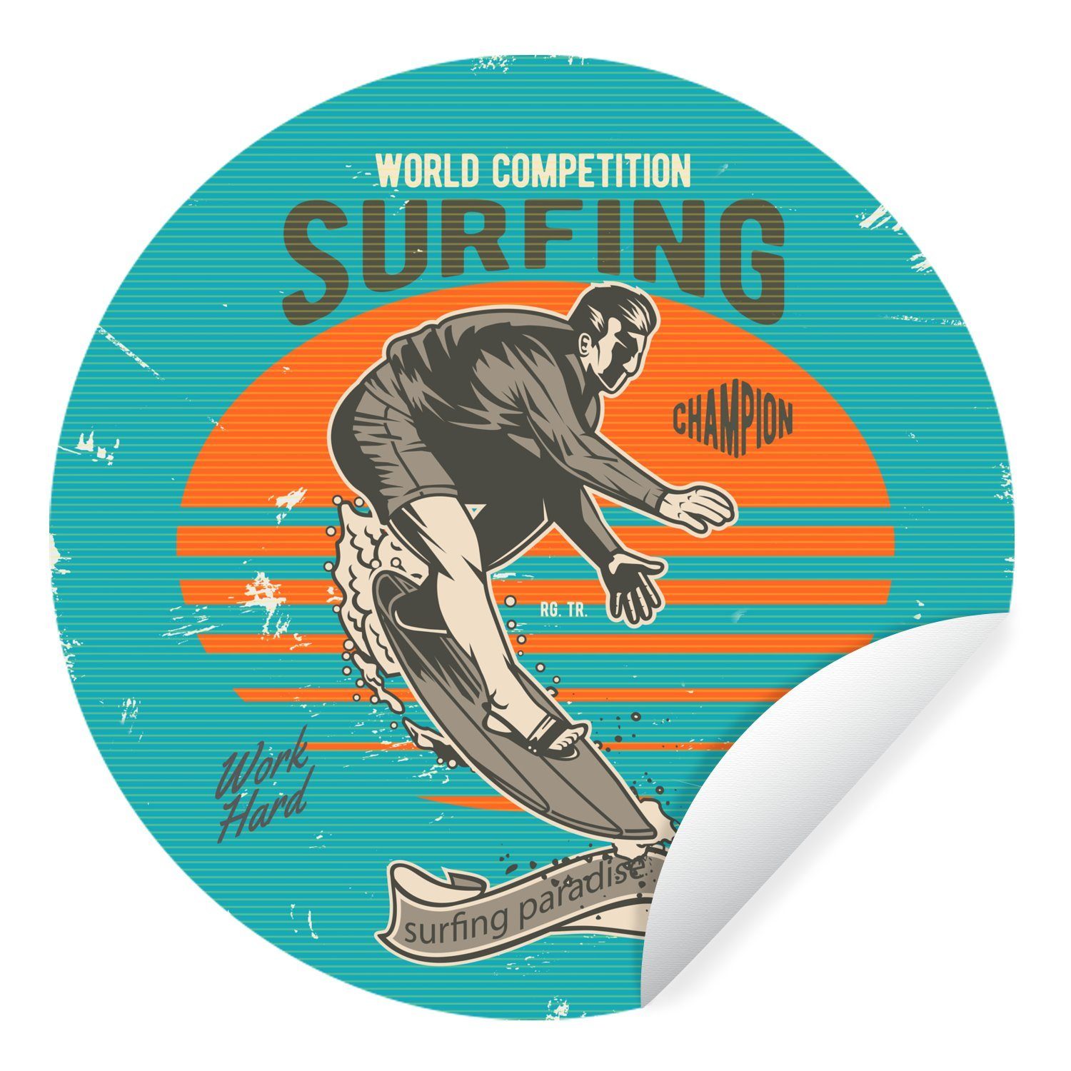 MuchoWow Wandsticker Vintage - Surfen - Surfbrett (1 St), Tapetenkreis für Kinderzimmer, Tapetenaufkleber, Rund, Wohnzimmer