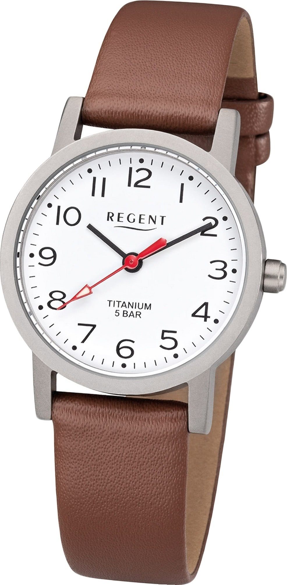 Regent Quarzuhr Regent Leder Damen Uhr F-1213 Analoge, Damenuhr Lederarmband braun, rundes Gehäuse, klein (ca. 27mm)