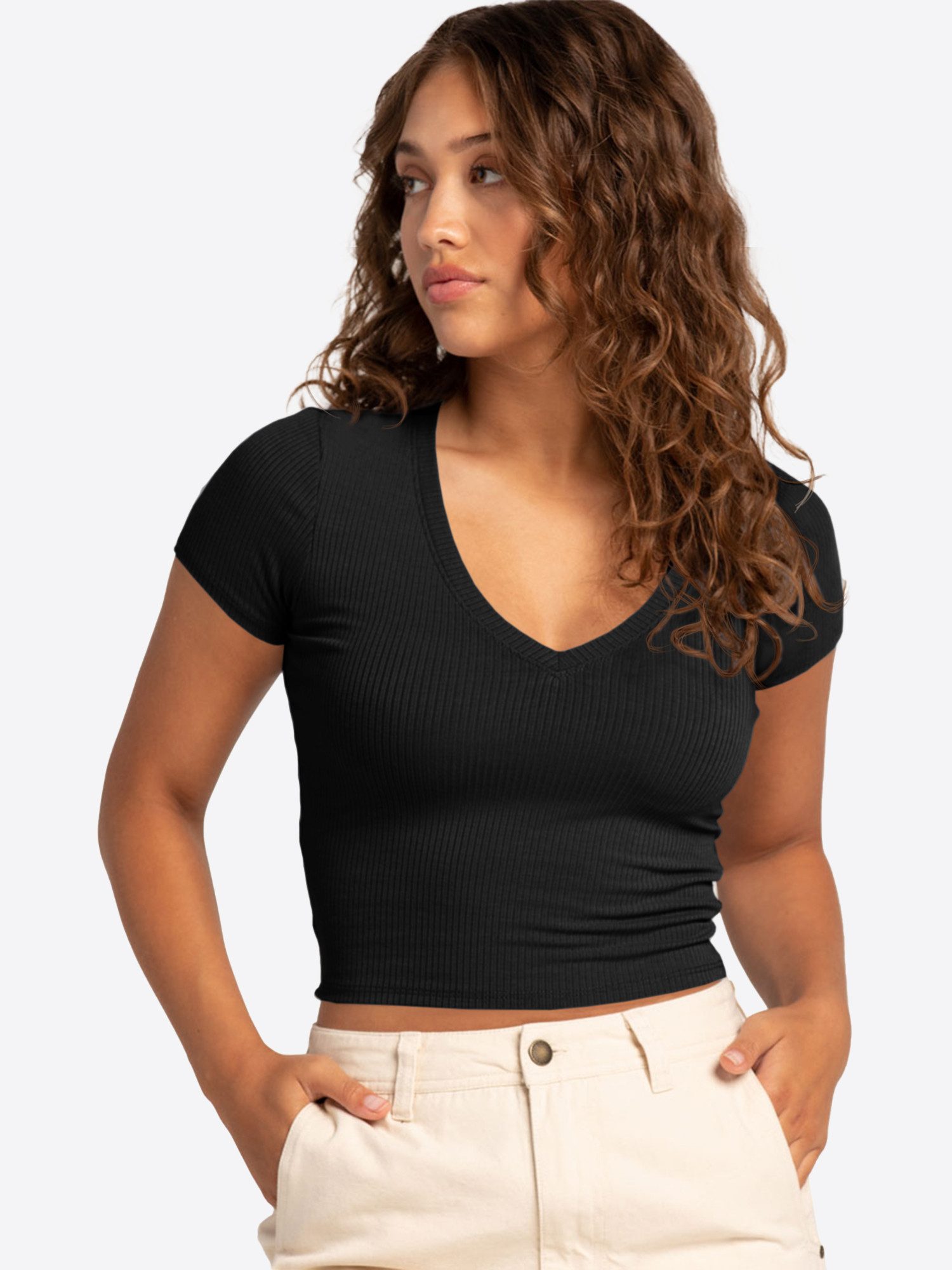 Imily Bela T-Shirt Damen Cropped mit V-Ausschnitt Geripptes Oberteil (Packu günstig online kaufen
