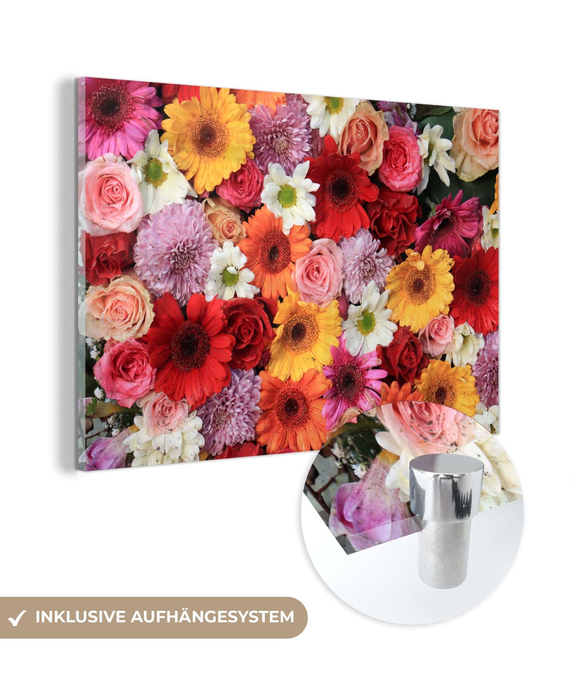 MuchoWow Acrylglasbild Blumen - Farben - Gerbera - Rosen, (1 St), Glasbilder - Bilder auf Glas Wandbild - Foto auf Glas - Wanddekoration