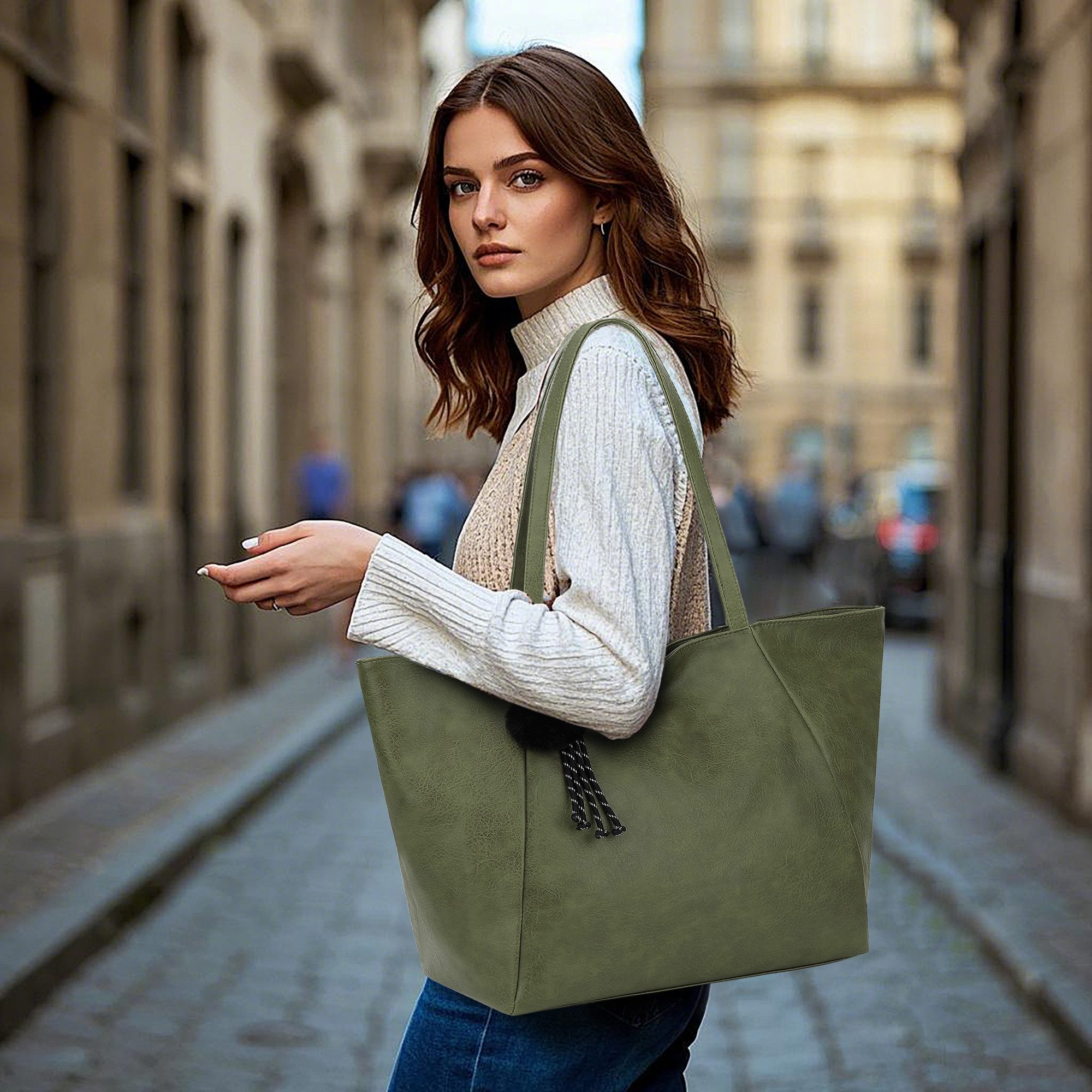 TAN.TOMI Schultertasche Umhängetasche Shopper Bag mit Reißverschluss, Mit Innentaschen, dekorative Anhänger für Arbeit Einkauf Reisen – Bild 2 von 5