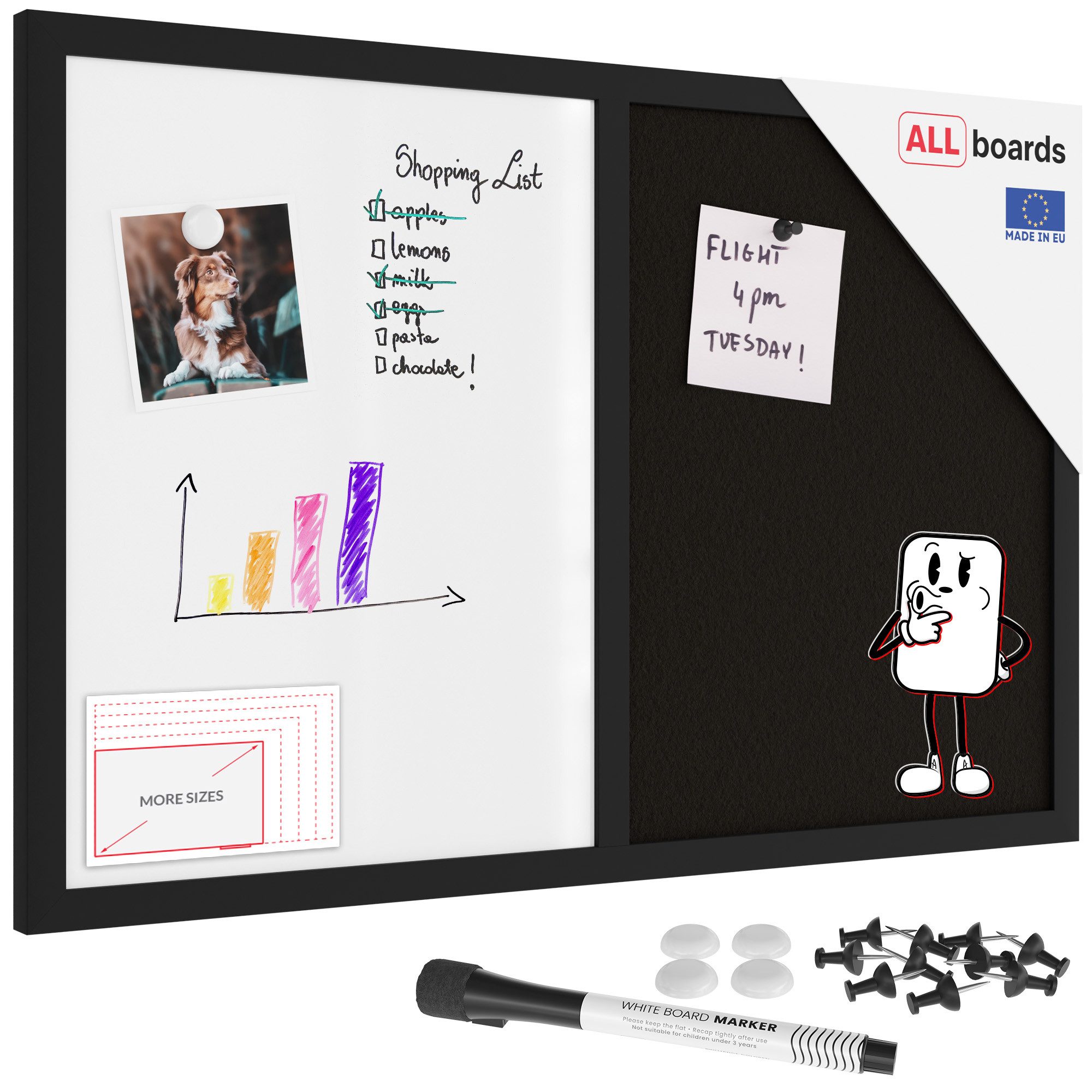 ALLboards Tafel Kombitafel 2 in 1 Whiteboard und Kork mit schwarz lackietem Holzrahmen
