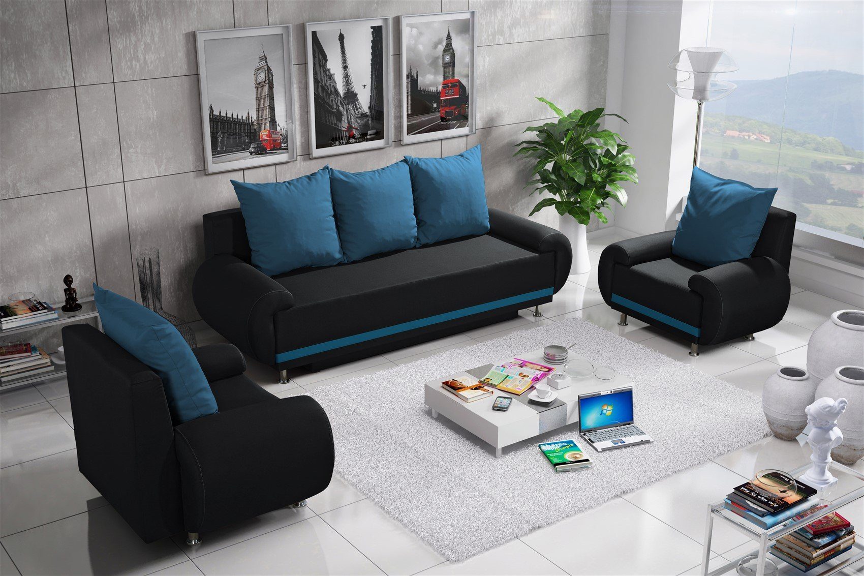 3-Sitzer mit inkl. mit Designersofa Schlafsofa Sofa Bettkasten MIKA Rückenkissen, Anthrazit-Hellblau 3 Schlaffunktion, Möbel Fun