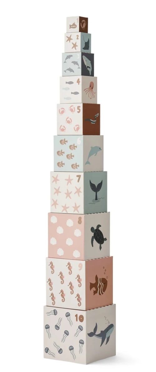 Liewood Stapelspielzeug Liewood Bedruckte Bauklötze, Bausteine aus Karton - Aaren, Lernspielzeug für Kleinkinder ab 18 Monaten, Farbe: Sea creature/sandy
