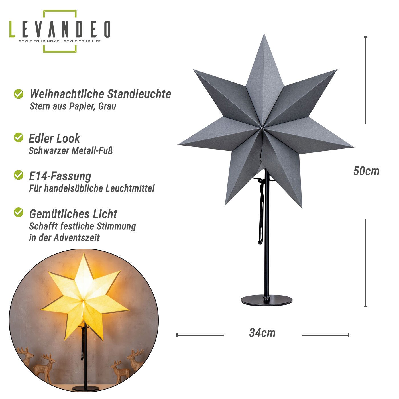 Levandeo® LED Stern, LED Stern Grau H50cm mit Standfuß Weihnachten Leuchtst günstig online kaufen