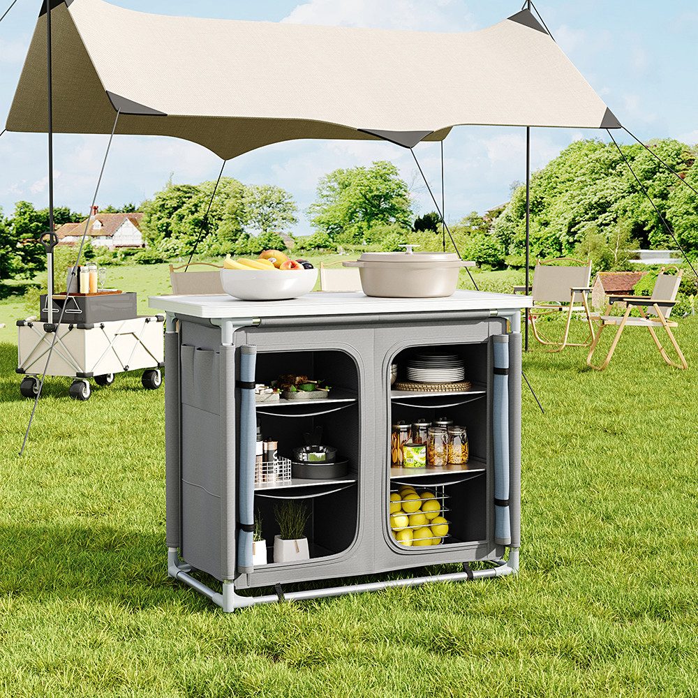 LIVINGANDHOME Campingschrank 100CM breite Campingküche mit 6 Staufächer Alu günstig online kaufen
