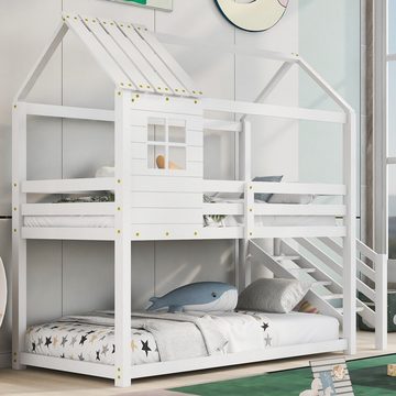 Fangqi Etagenbett Hausbett,Kinderbett mit Fallschutz und Gitter, mit Fenster, Ecktreppe, Rahmen aus Kiefer, weiß+natur (200x90cm)