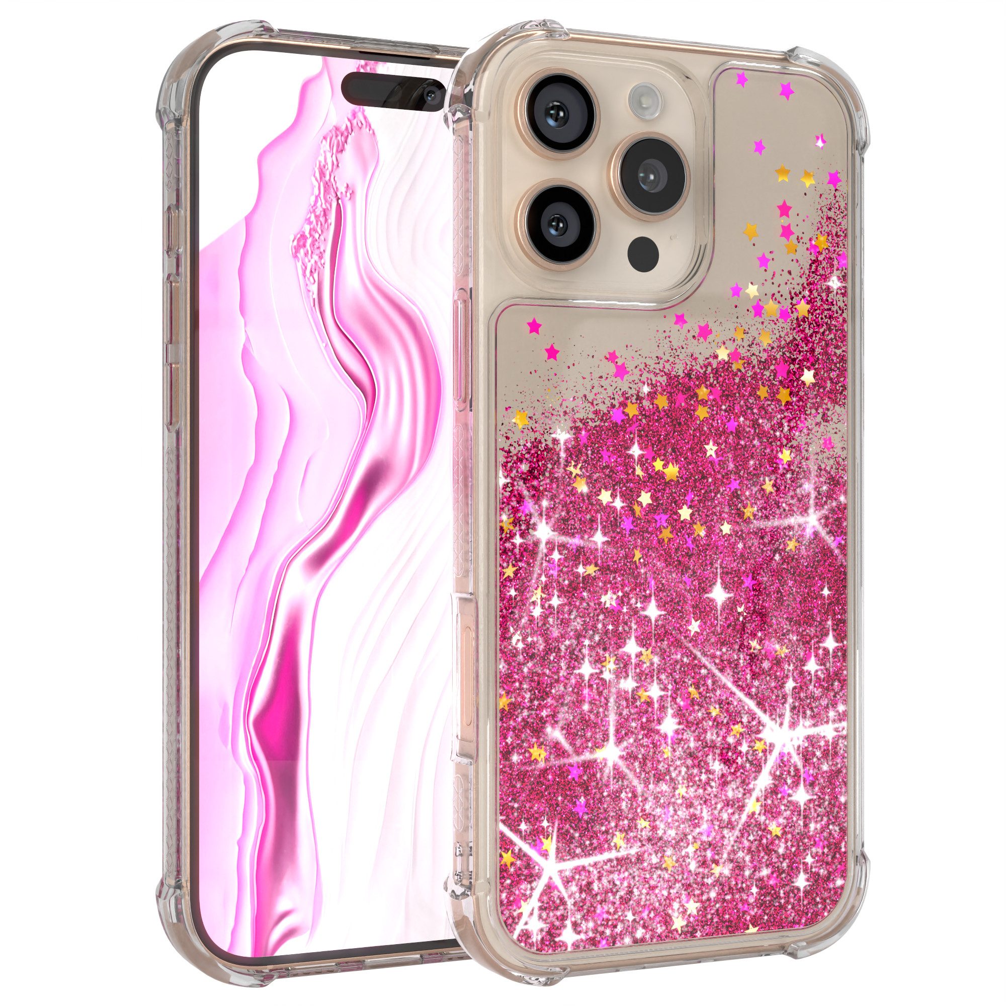 EAZY CASE Handyhülle Liquid Glittery Case für Apple iPhone 16 Pro Max 6,9 Zoll, Glitzerhülle Shiny Slimcover stoßfest Durchsichtig Bumper Case Pink