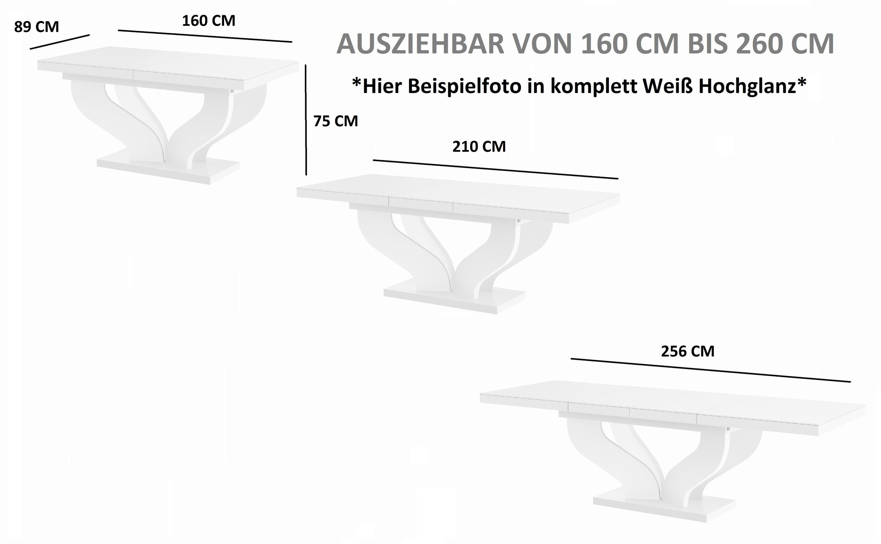 designimpex Esstisch Design cm Weiß - Eiche bis 256 Natur 160 Hochglanz ausziehbar HEB-222