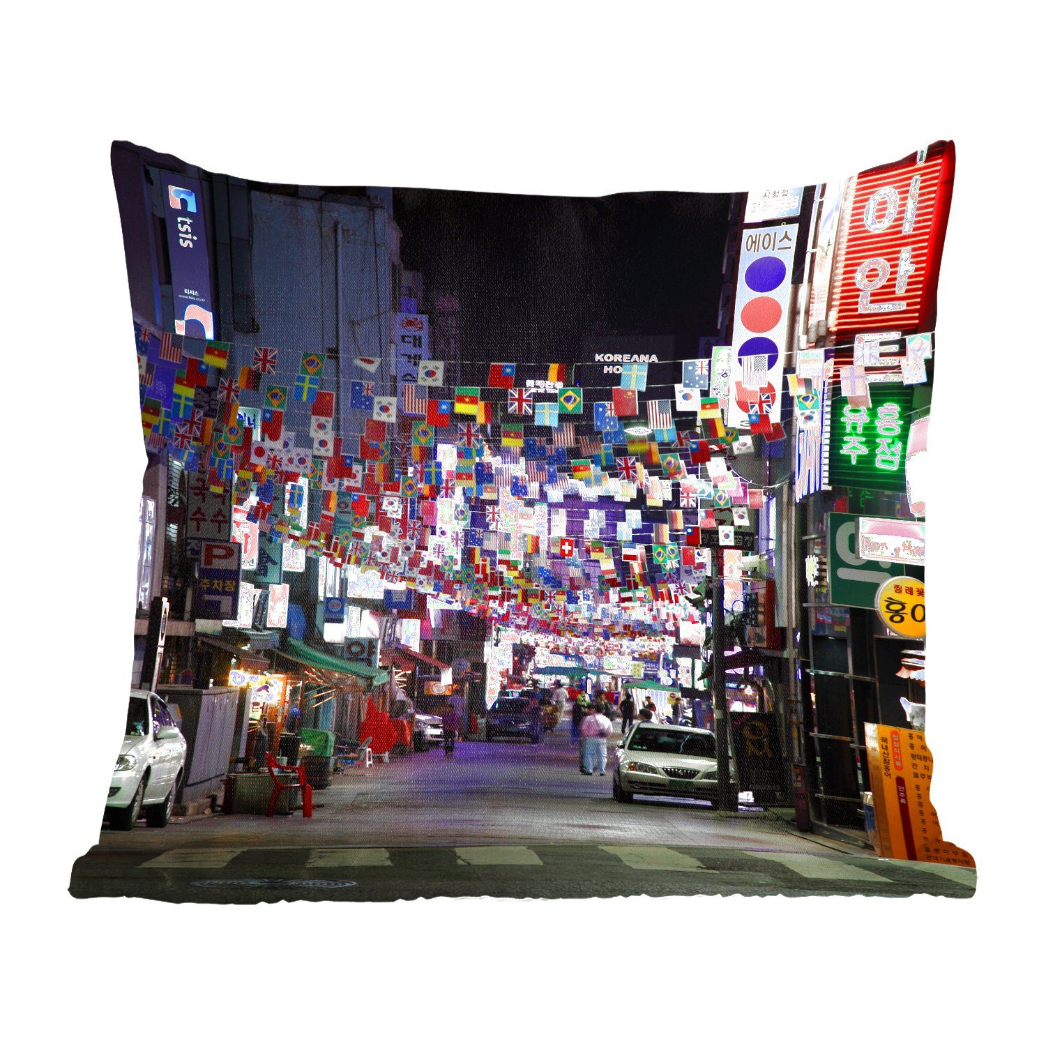 einer Deko, für hängen Flaggen Zierkissen Straße Wohzimmer, Schlafzimmer, Südkorea, in mit Sofakissen in Internationale Füllung Dekokissen MuchoWow