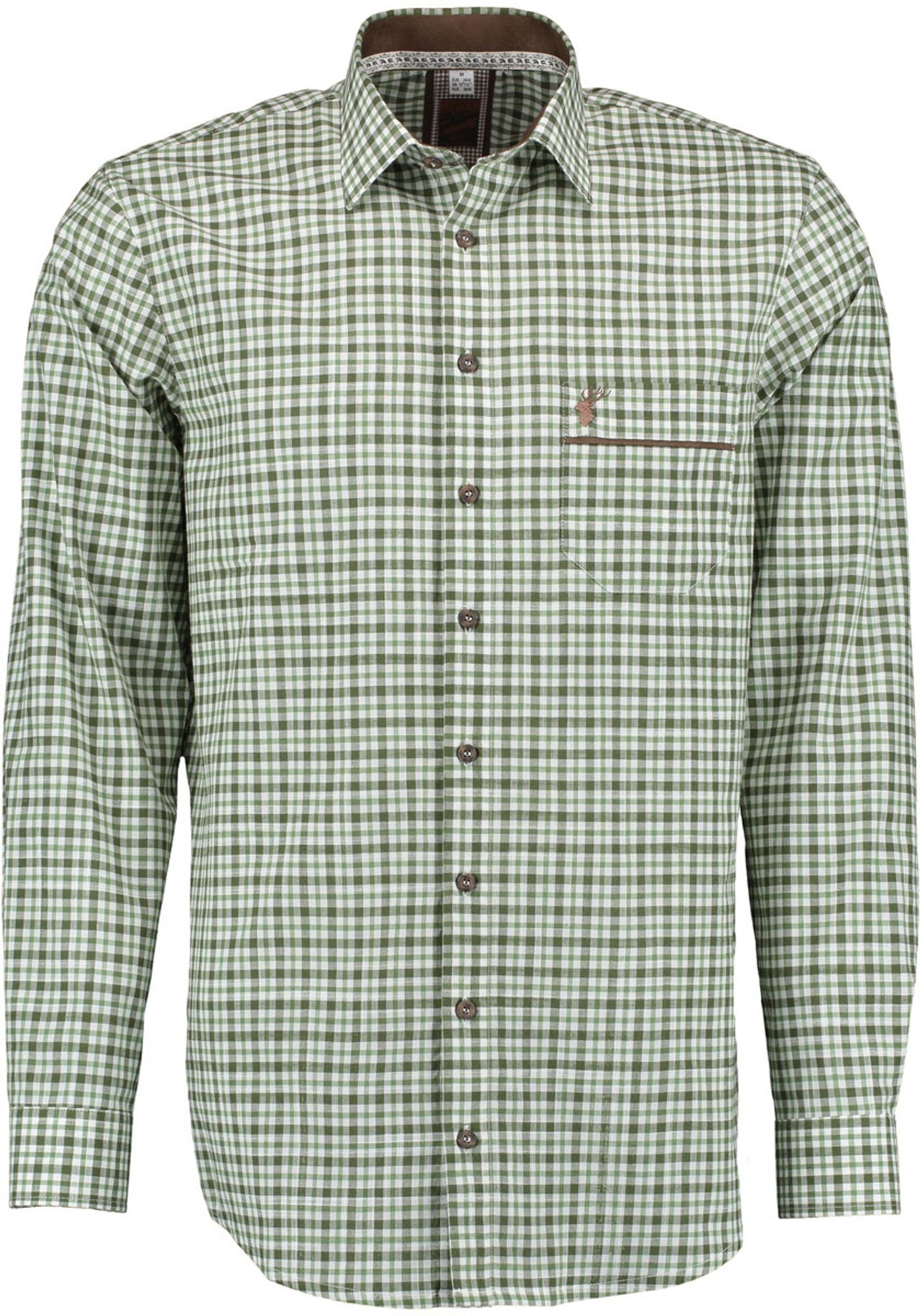 OS-Trachten Trachtenhemd Taneo Langarmhemd mit Hirsch-Stickerei auf der Brusttasche dunkelgrün