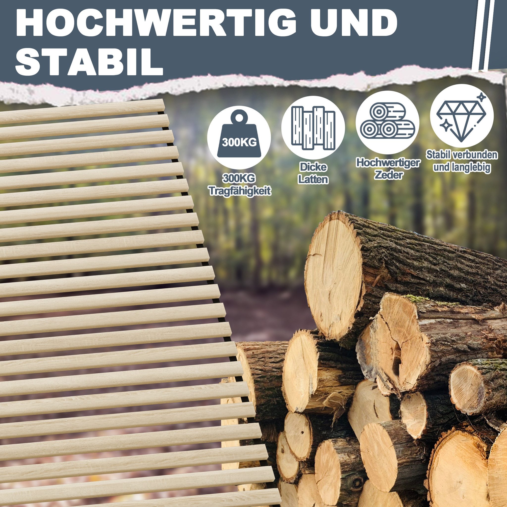 Lattenrost Rollrost Faltbare Rolllattenrost aus Zederholz mit 23 Leisten, FIVMEN, 2cm Dicke Holzlatten Ersatzleisten Belast bis 300KG