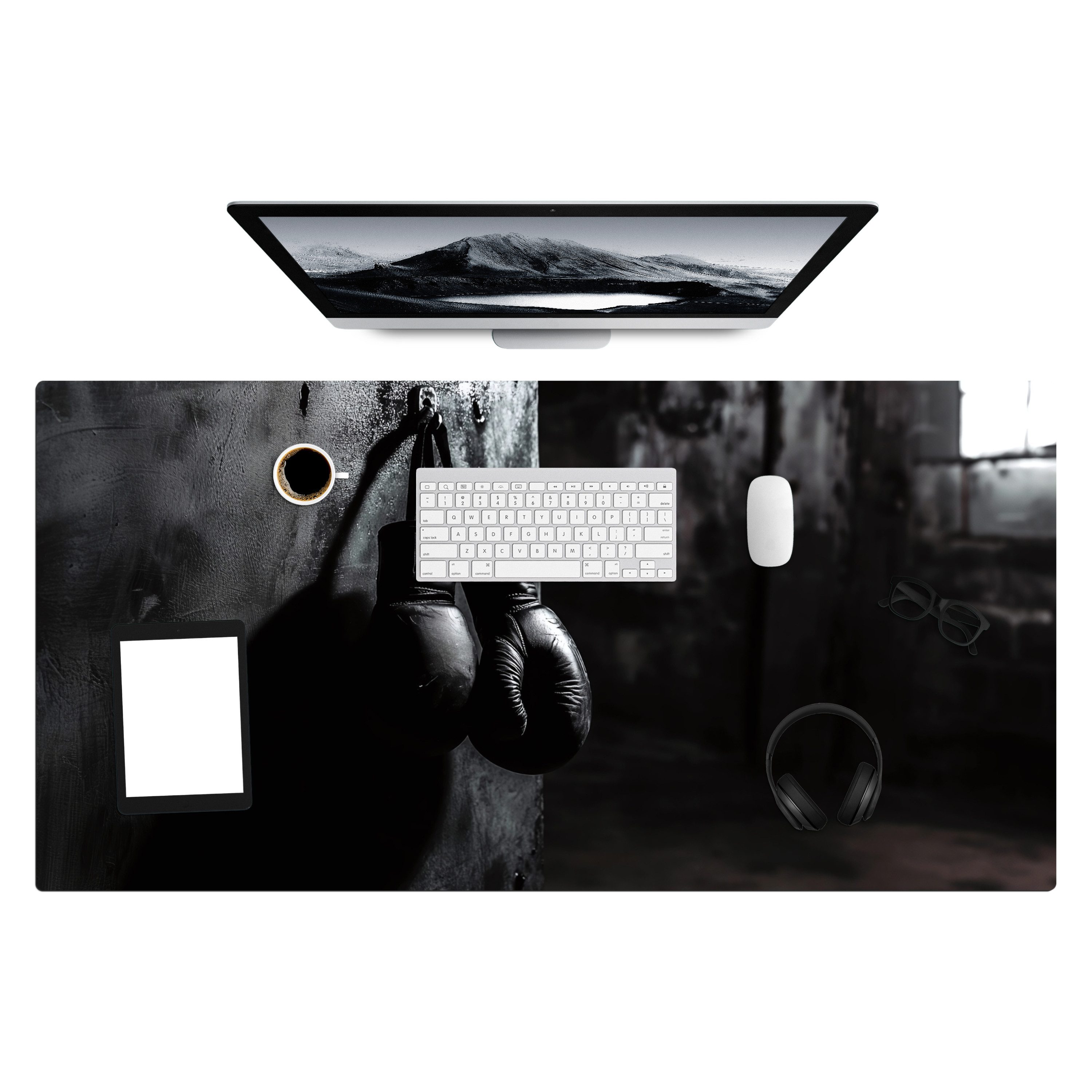 MuchoWow Gaming Mauspad Boxhandschuhe - Wand - Dunkel - Schwarz (1-St), Gaming Mauspad XXL, Schreibtischunterlage, Gaming Zubehör, 120x60 cm