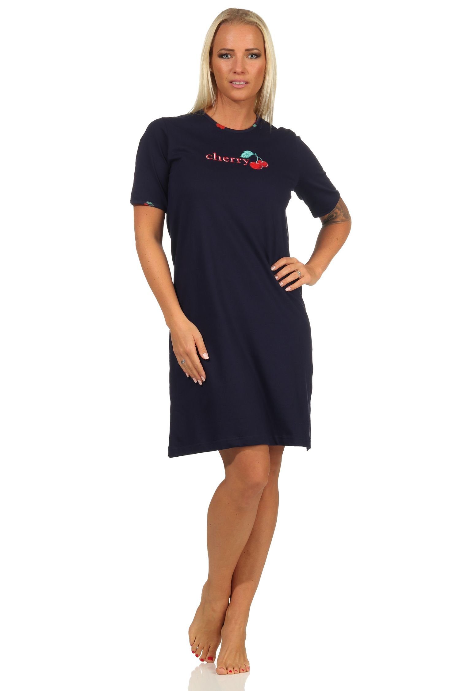 Normann Nachthemd Süsses kurzarm Nachthemd – Kirschen als Damen 535 Motiv mit marine 112
