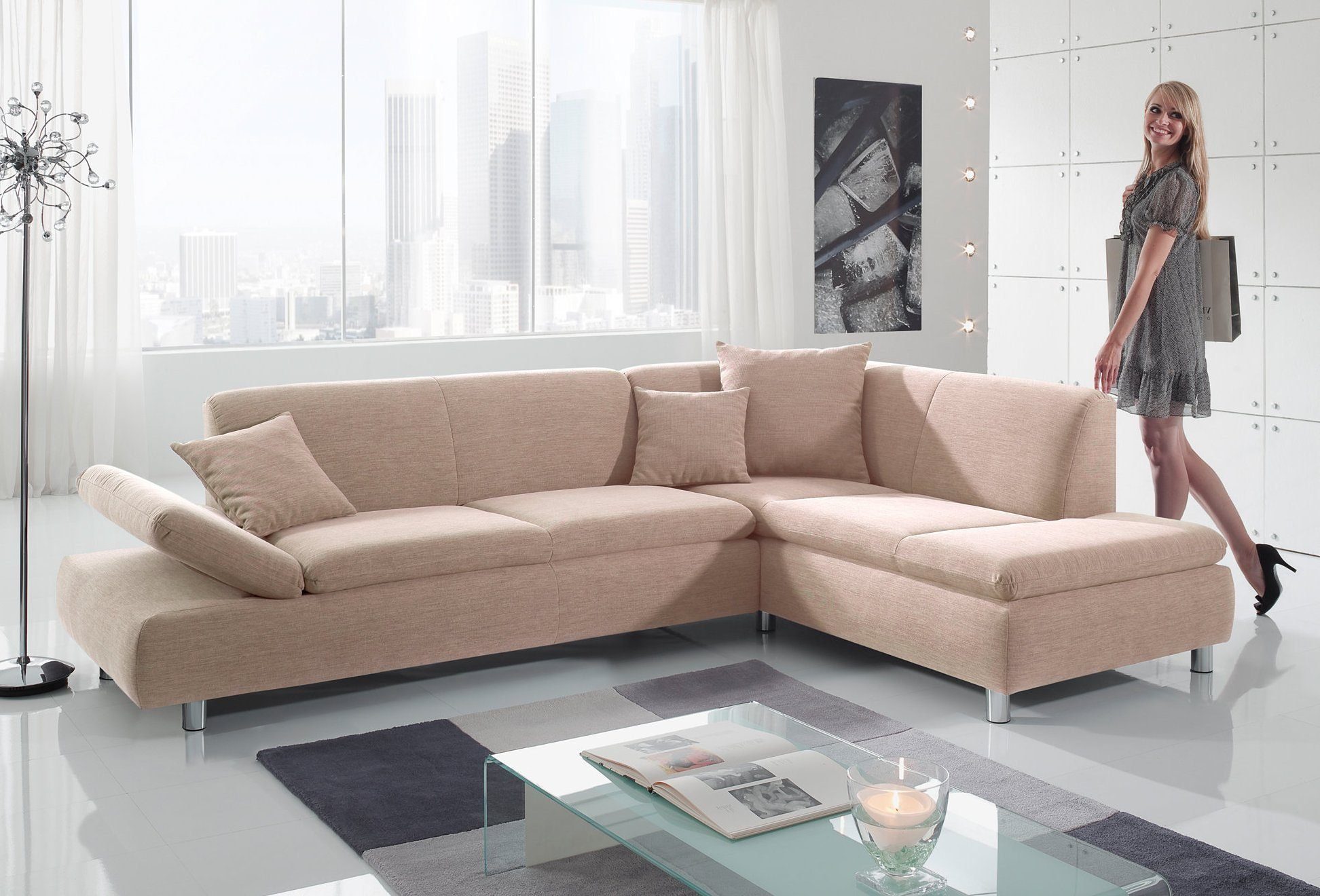 Max Winzer® Ecksofa Paris modern und elegant, komfortabler Sitzkomfort, Metallfüße, mit Armlehnenverstellung, Ottomane wahlweise links oder rechts