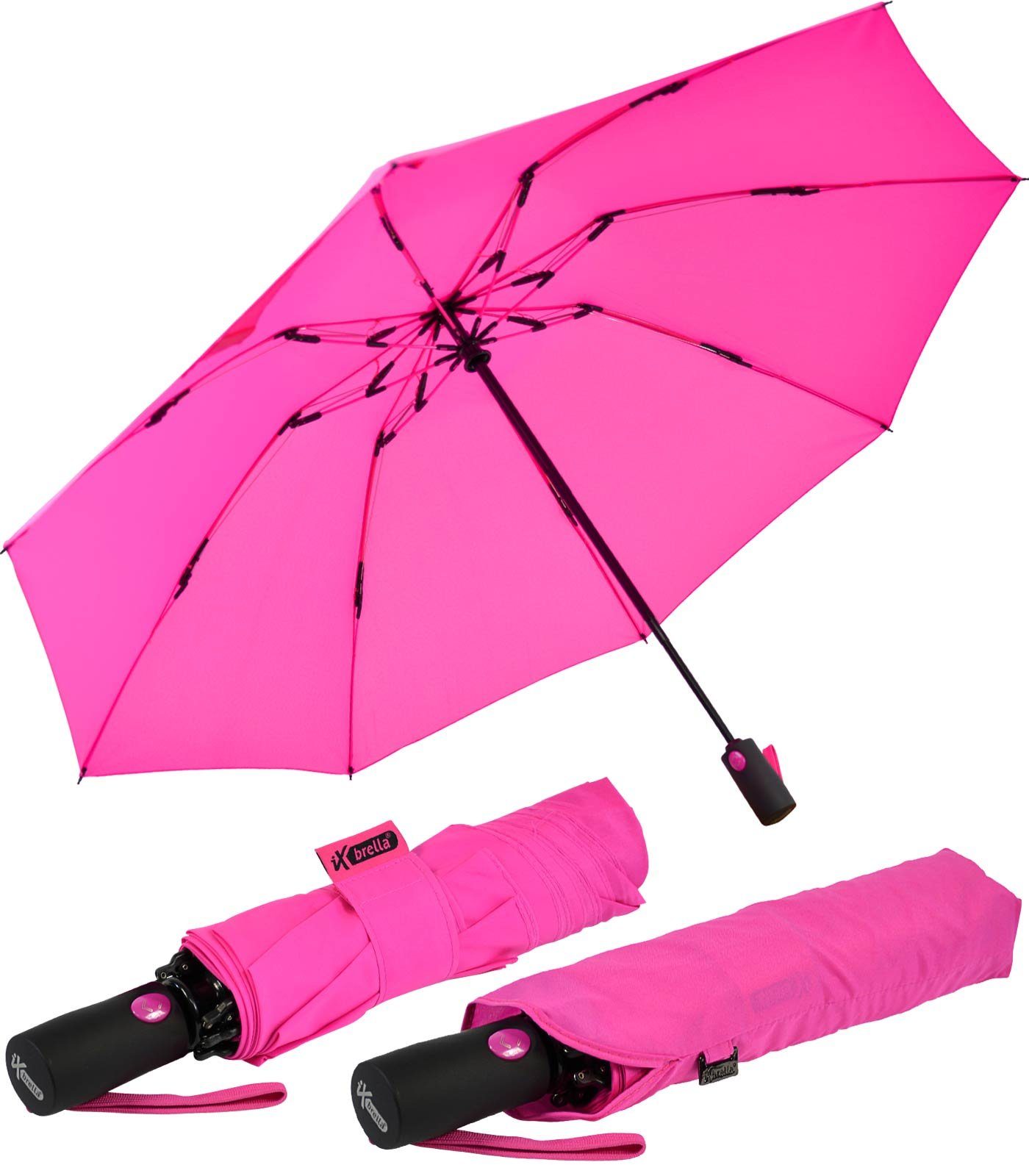 iX-brella Taschenregenschirm Reverse umgekehrt öffnender Fiberglas-Automatiksch, mit bunten stabilen Speichen neon-pink | Taschenschirme